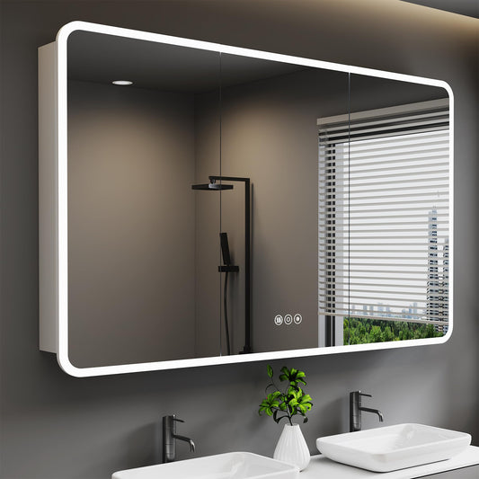 HBEZON Medicine Cabinet with LED Lights and Mirror, 60 x 32 Inch Surface or Recessed Mounted Bathroom Cabinets with Door, Defogger, Memory Function, 3-Color Mode, Outlet&USB, Dimmer, Storage