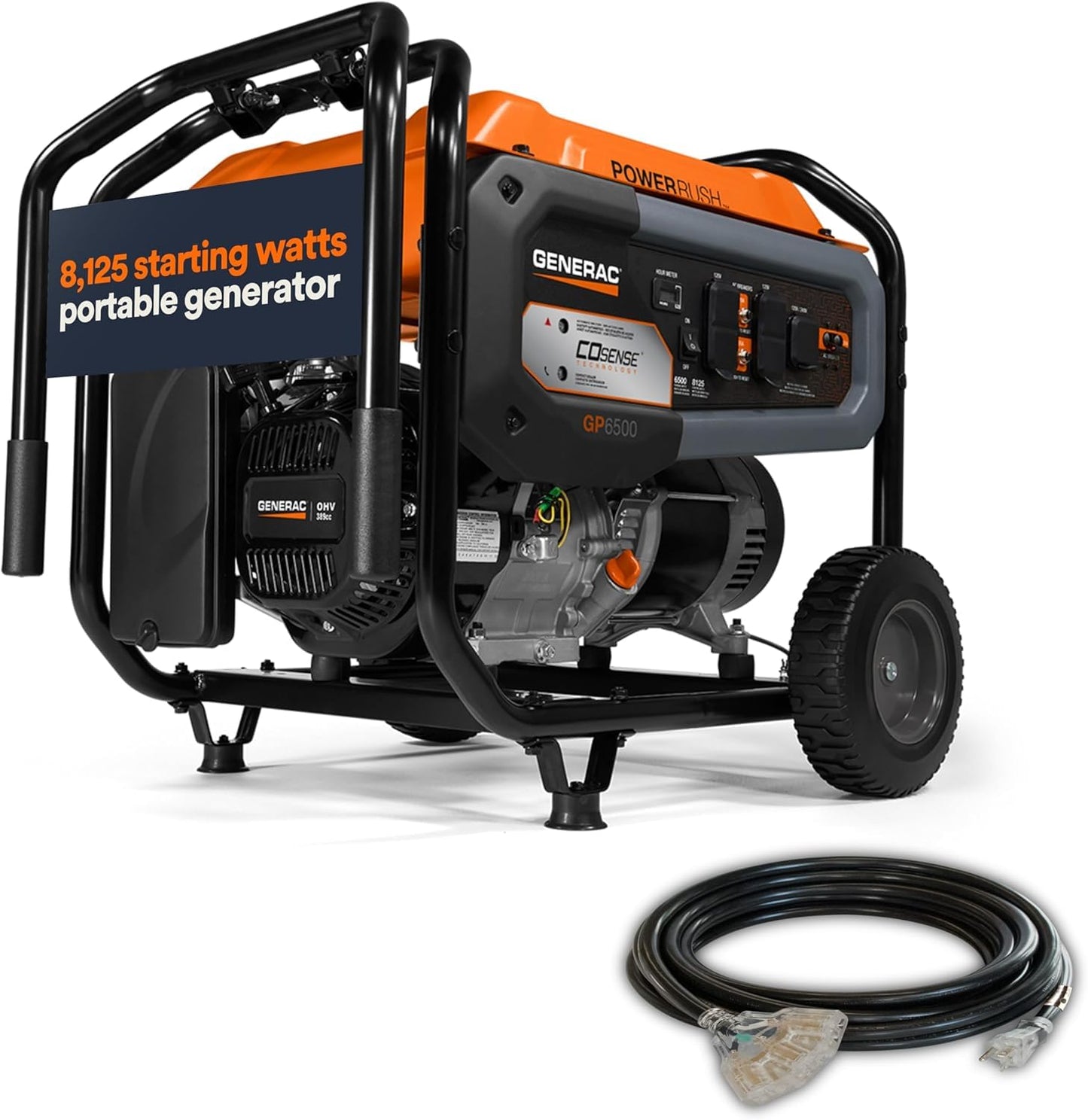 Generac 8,125 Starting Watt Portable Gas Generator with Extension Cord, PowerRush Technology, COsense Carbon Monoxide Detection, 10.5 Hour Runtime, Home Backup Emergency Power, 49-State Compliant