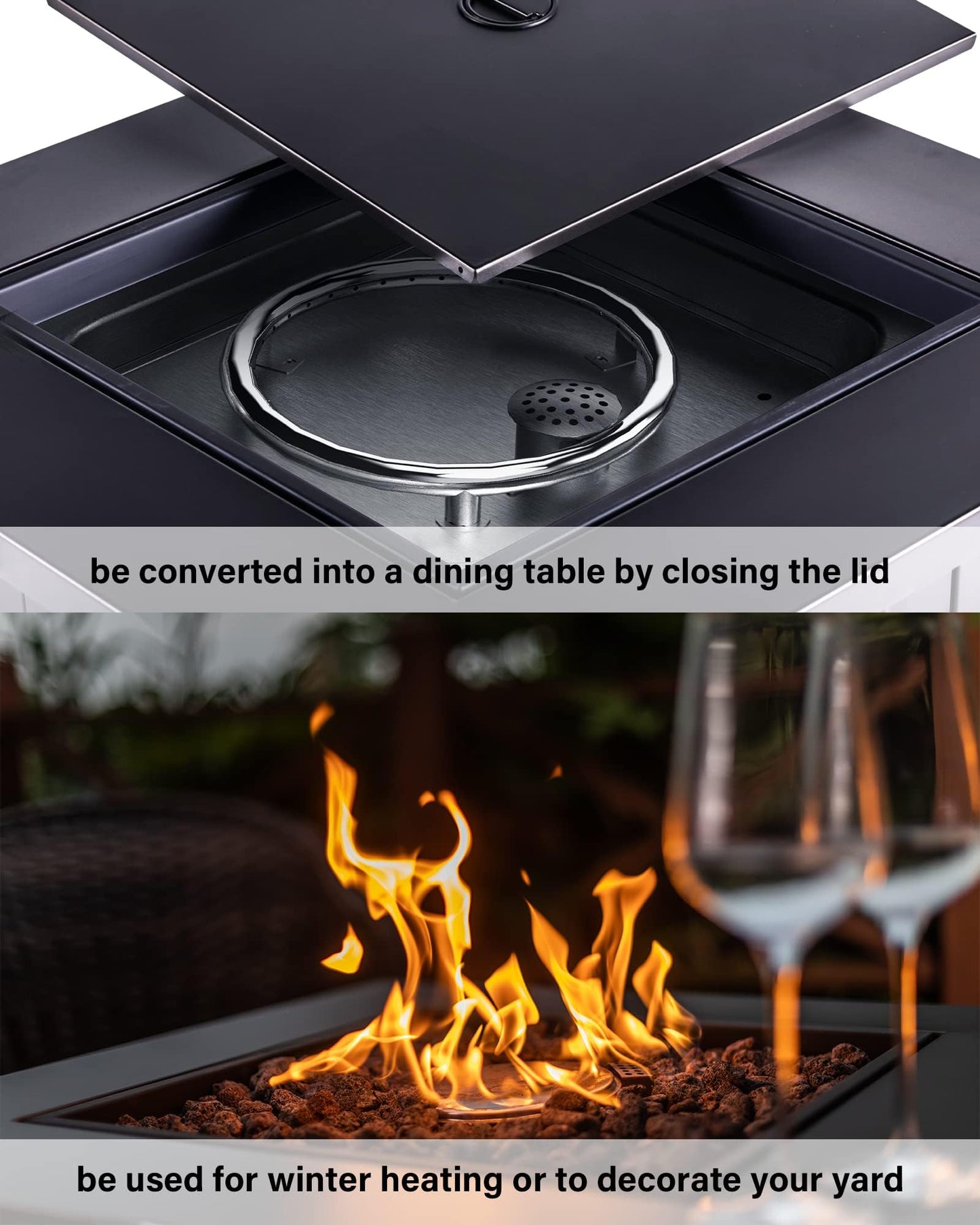 Legacy Heating 28in Propane Fire Pit Table, 50,000BTU Outdoor Gas Fire Pit, 2 in 1 Firepit Table w/Lid, Lava Rock, ETL Certified Steel Fire Table add Warmth to Parties on Backyard, Black