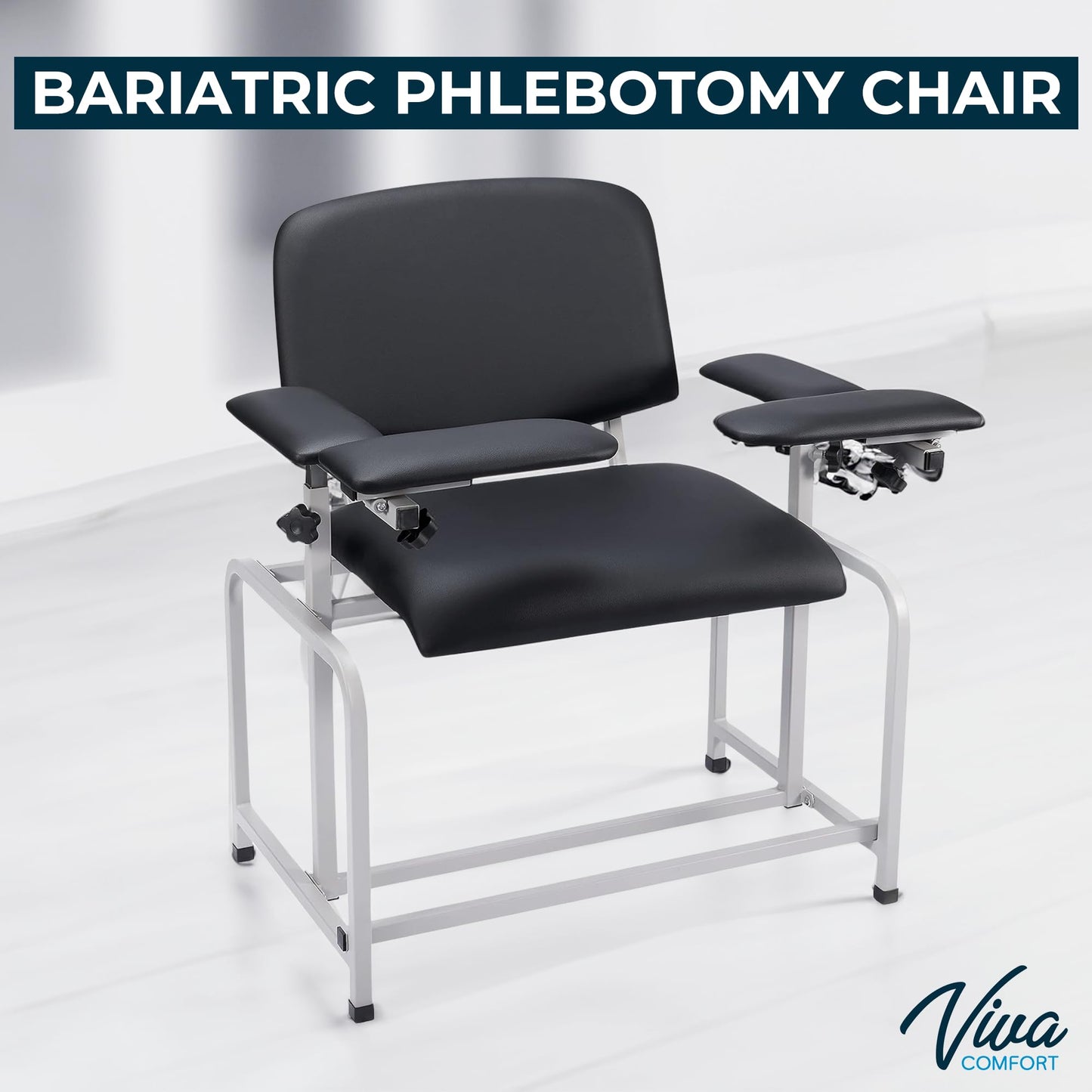 VivaComfort Black 500 lbs Weight Capacity Bariatric Wide Padded Blood Drawing Chair, Phlebotomy Chair with Adjustable Armrest, 35" H x 18" L x 29"W, Blood Draw Chair, Medical Chair