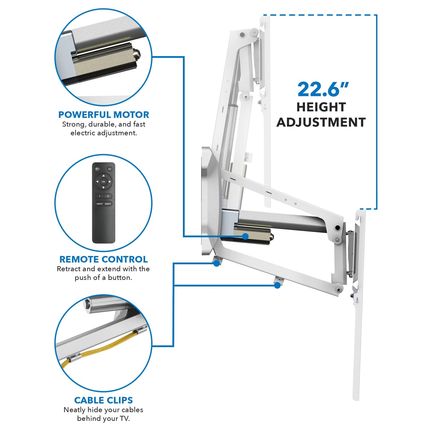 MOUNT-IT! Motorized Fireplace TV Wall Mount | Remote Control Electric Pull Down Mantel Mounting Bracket, Up to 77 Lbs Weight Capacity, Height Adjustable, Swivel, VESA 600x400 Compatible, White