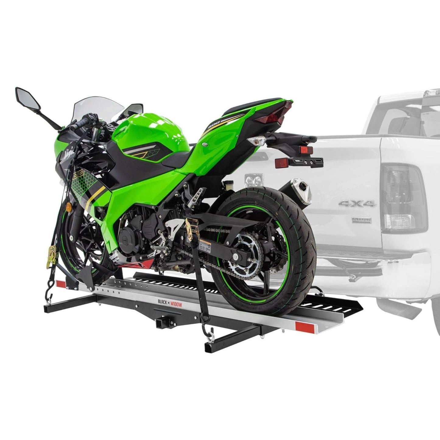 Black Widow Hitch Mounted Motorcycle Carrier with Ramp, Heavy Duty Steel Frame & Aluminum Track, 600 Pound Capacity, 72 Inch Ramp, Black