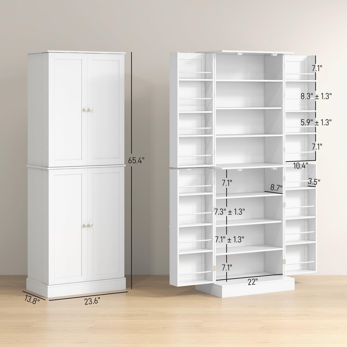 HOMCOM 65" Kitchen Pantry Storage Cabinet, Freestanding Kitchen Cabinet with 16 Door Shelves, Double Doors, 8-Tier Shelving and Adjustable Shelves, White