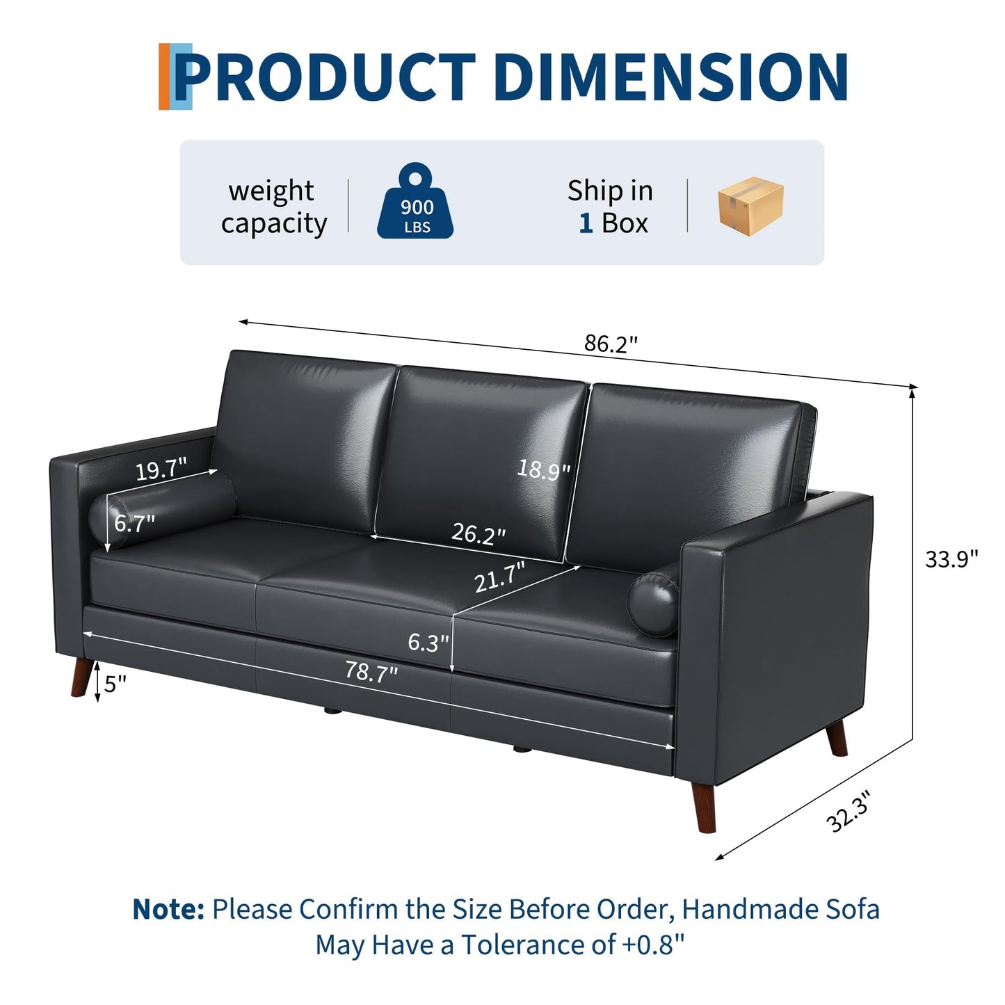 GarveeLife 86" Mid Century Modern PU Leather Sofa, 3 Seater Couch with Deep Seat & Cushions, Faux Leather Living Room Sofa for Apartment, Bedroom, Office, Black