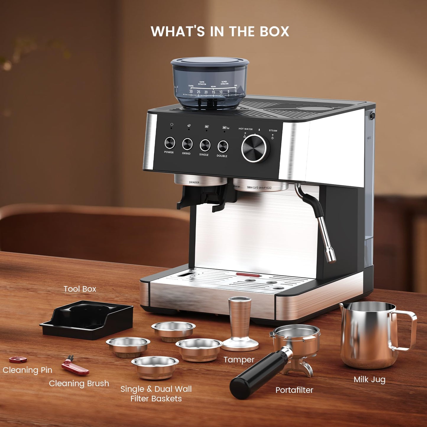 Electactic Espresso Machine 15 Bar with Built-in Anti-Clog Coffee Grinder,Stainless Steel Coffee Maker with 77.8 oz Removable Water Tank for Cappuccino/Latte,Home&Office,Black