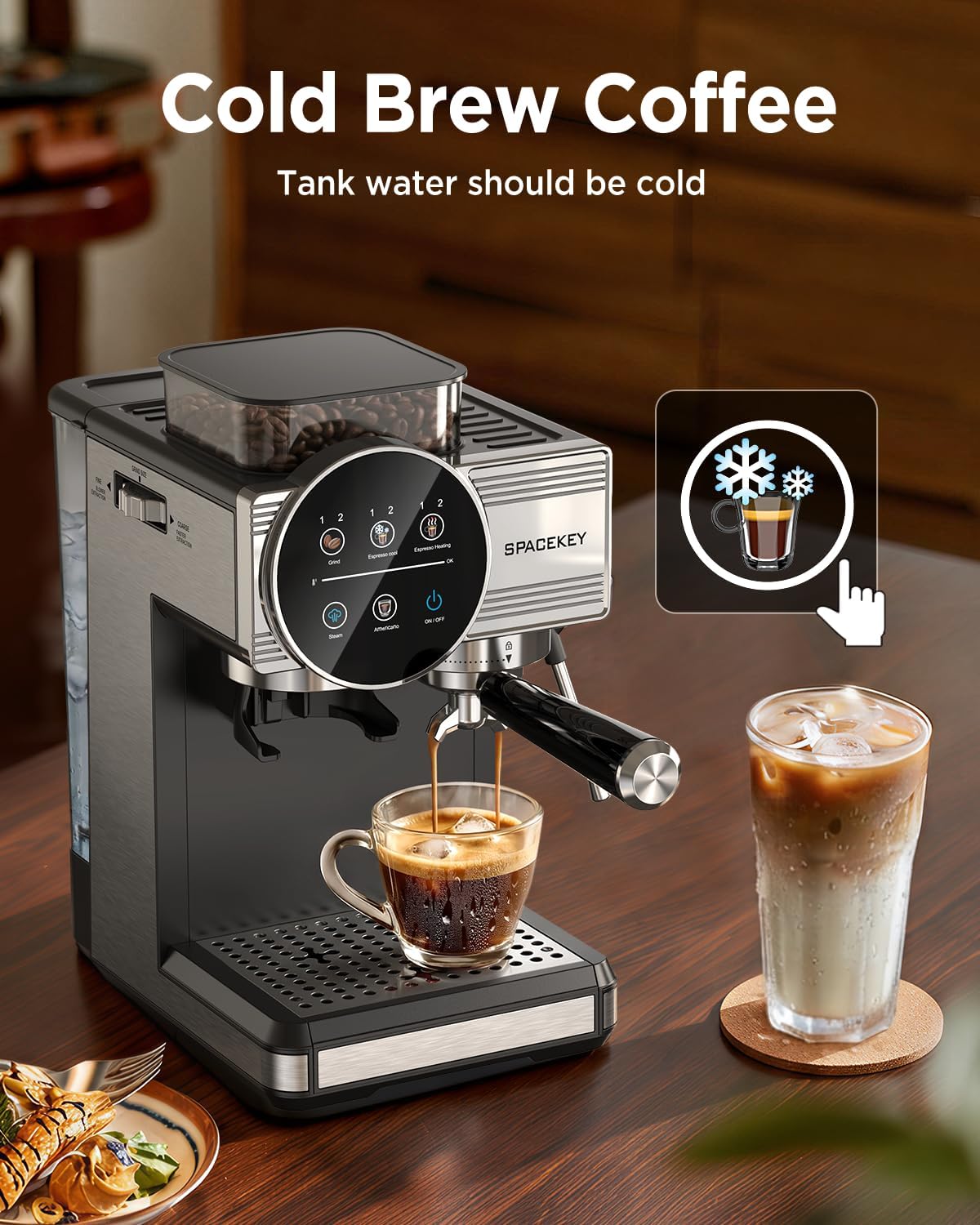 Spacekey Espresso Coffee Machine with Grinder, Milk Frother, Cold Brew, 20 Bar