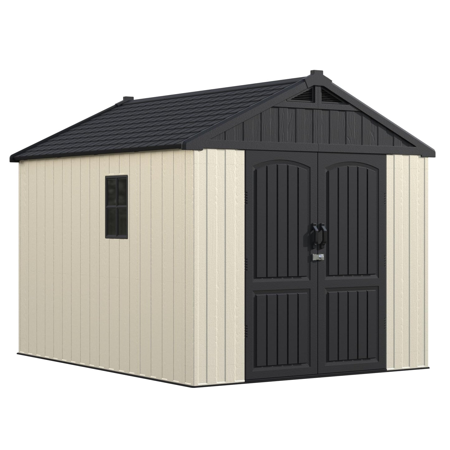 Greesum 8×10 FT Plastic Outdoor Storage Shed with Floor, Resin Sheds with Window and Lockable Door, Weather Resistant Organization, Easy Assemble for Garden, Lawn, Pool Supplies, Beige