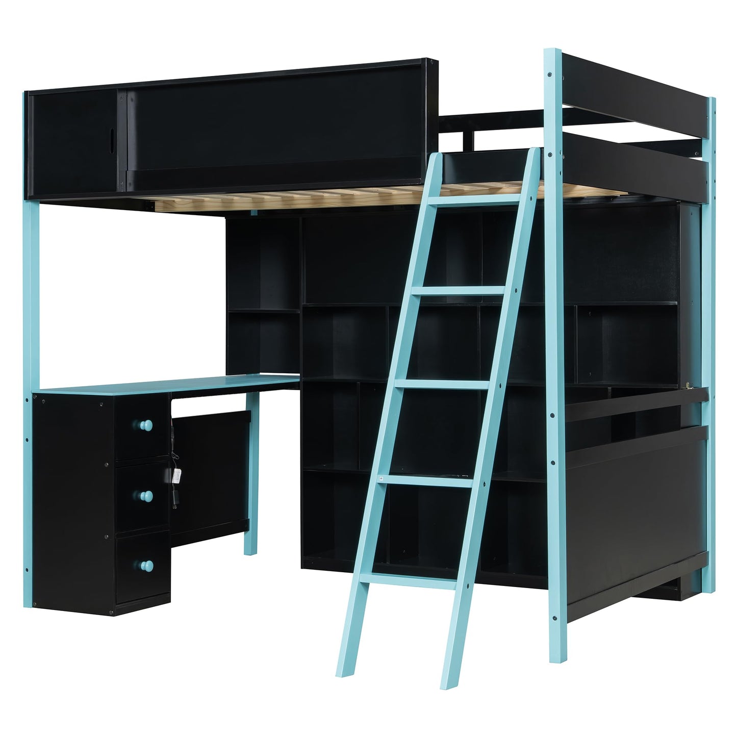 Merax Full Size Wood Loft Bed Frame with Desk and Ample Storage Space, Gaming Bed with Light Strip for Teens Bedroom, Full-Length Guardrails, No Box Spring Needed, Blue