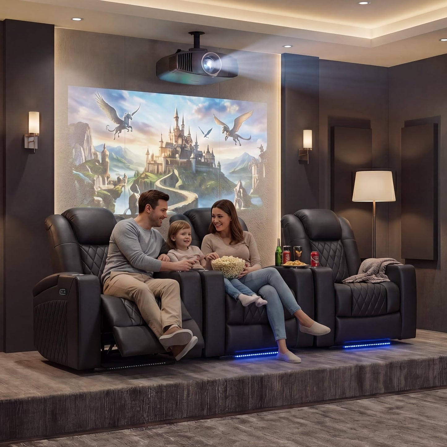 ANJ Home Theater Seating Power Recliner with Hidden Arm Storage, Faux Leather Recliners with LED Light, Electric Movie Reclining Chairs with USB Ports & Cup Holders for Media Living Room, Black