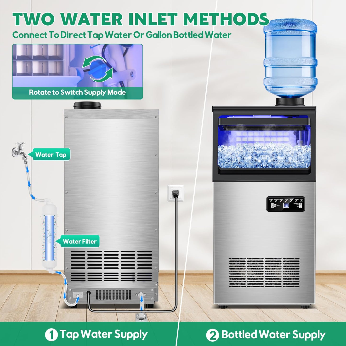 Commercial Ice Maker Machine 130Lbs/24H with 30Lbs Ice Capacity, 45Pcs Clear Ice Cubes Ready in 8-15Mins, Stainless Steel Under Counter Freestanding Large Ice Machine, 2 Water Inlet Modes