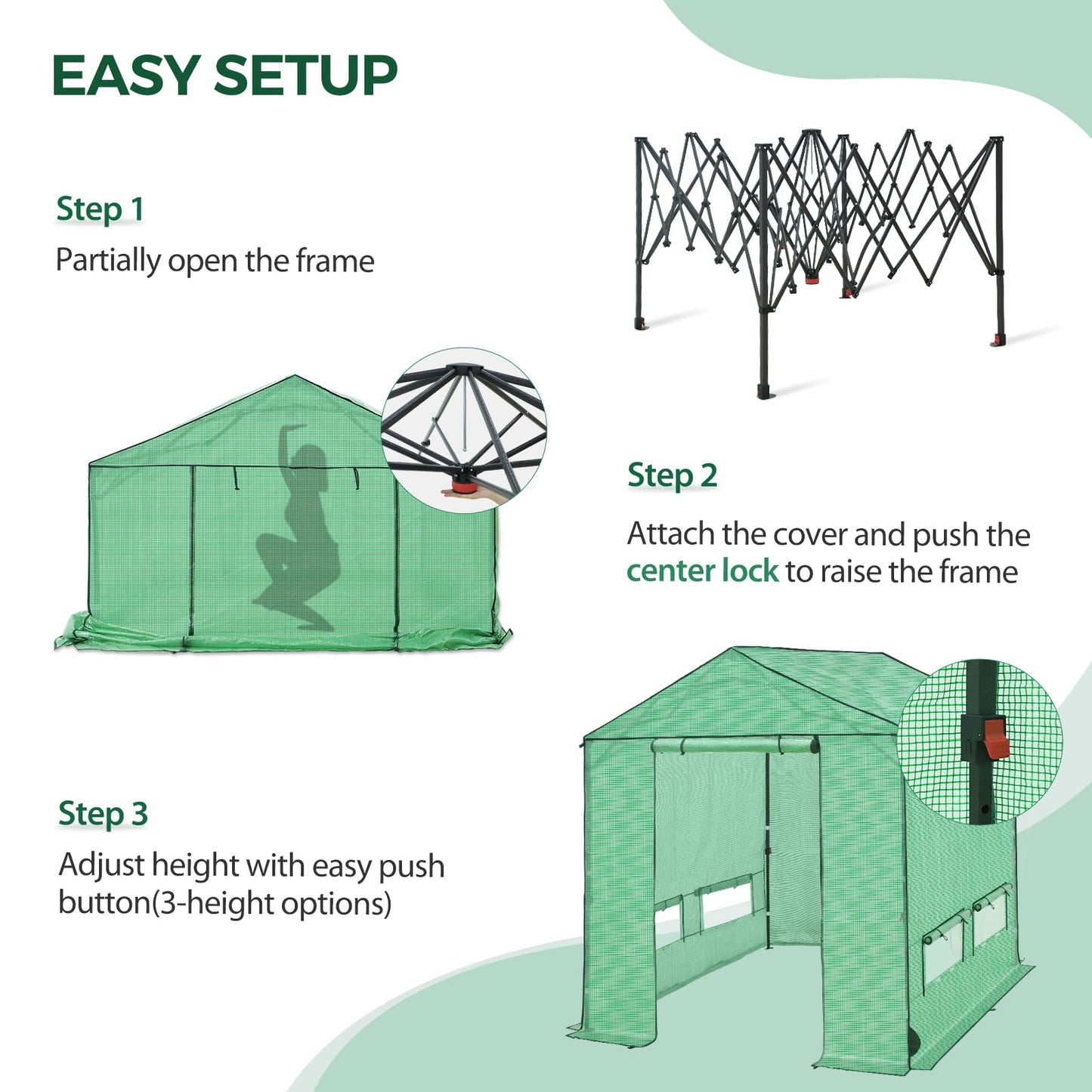 INTER HUT 8x8 Pop Up Greenhouse, Instant Walk in Green House with PE Cover, Power Ports, Roll up Doors & Windows for Indoor Outdoor Plant Growing, Green