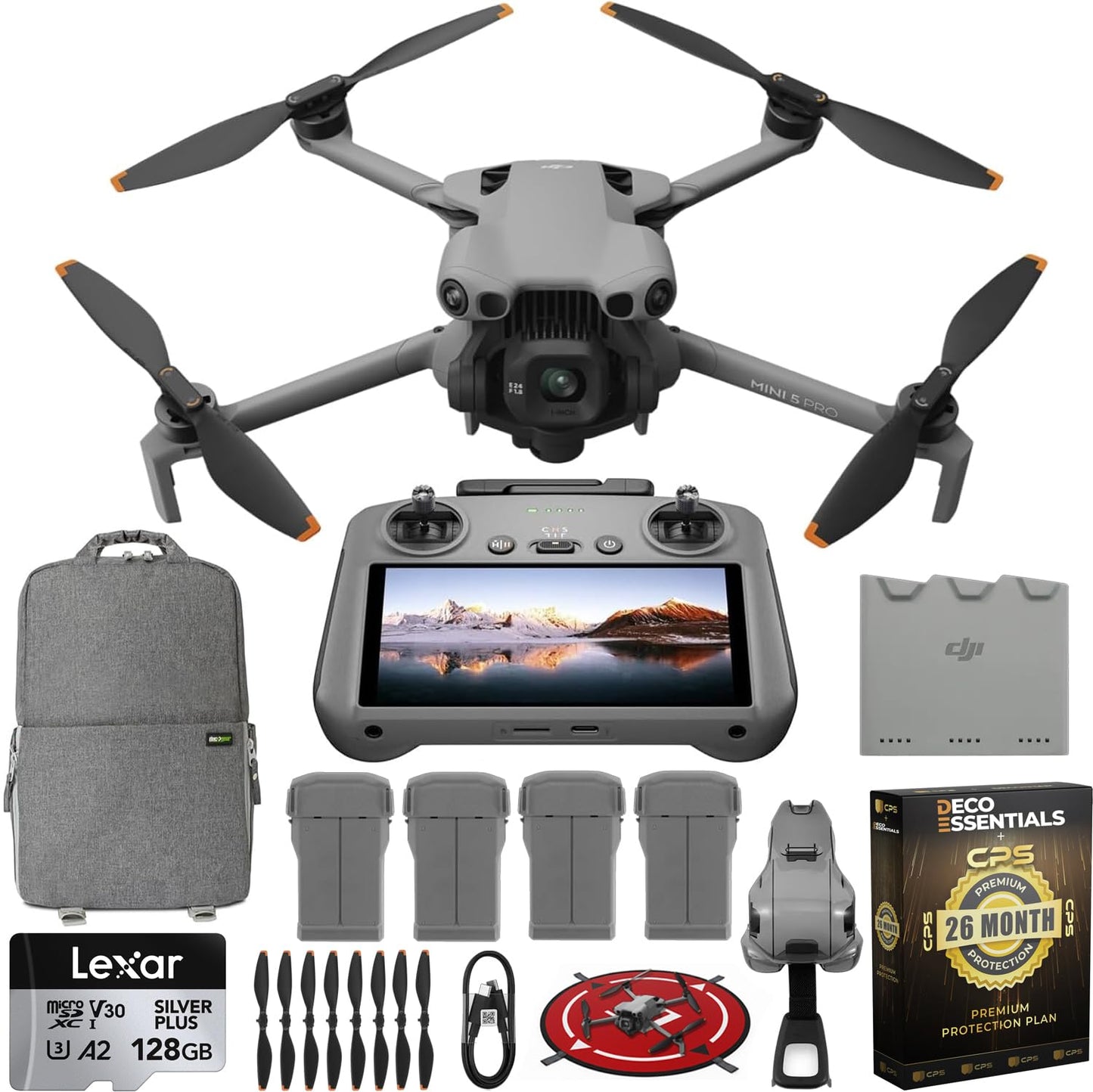 DJI Mini 5 Pro Drone Fly More Combo with RC 2, 1" CMOS Sensor, 4K Video, Obstacle Sensing, 4 Battery Bundle with Deco Essentials CPS Exclusive 26 Month Protection Pack and Accessories Kit
