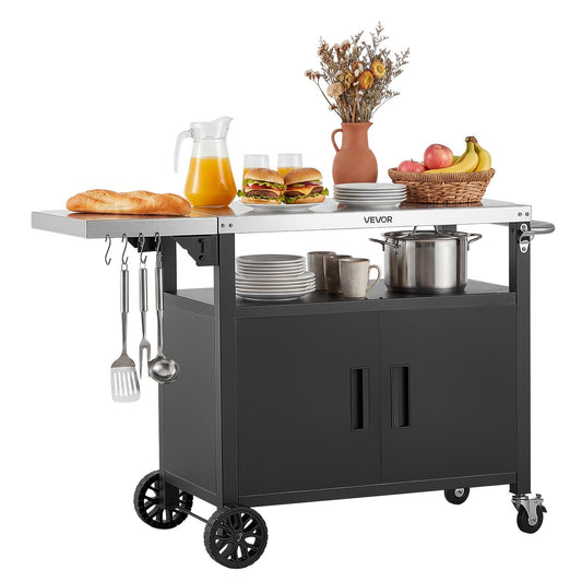 VEVOR Outdoor Grill Cart with Storage Cabinet, 48.9 Inch Grill Table, Waterproof Kitchen Island with Stainless Steel Top, Shelf, and Wheels, Movable Food Prep Station for Patio Bar Backyard BBQ