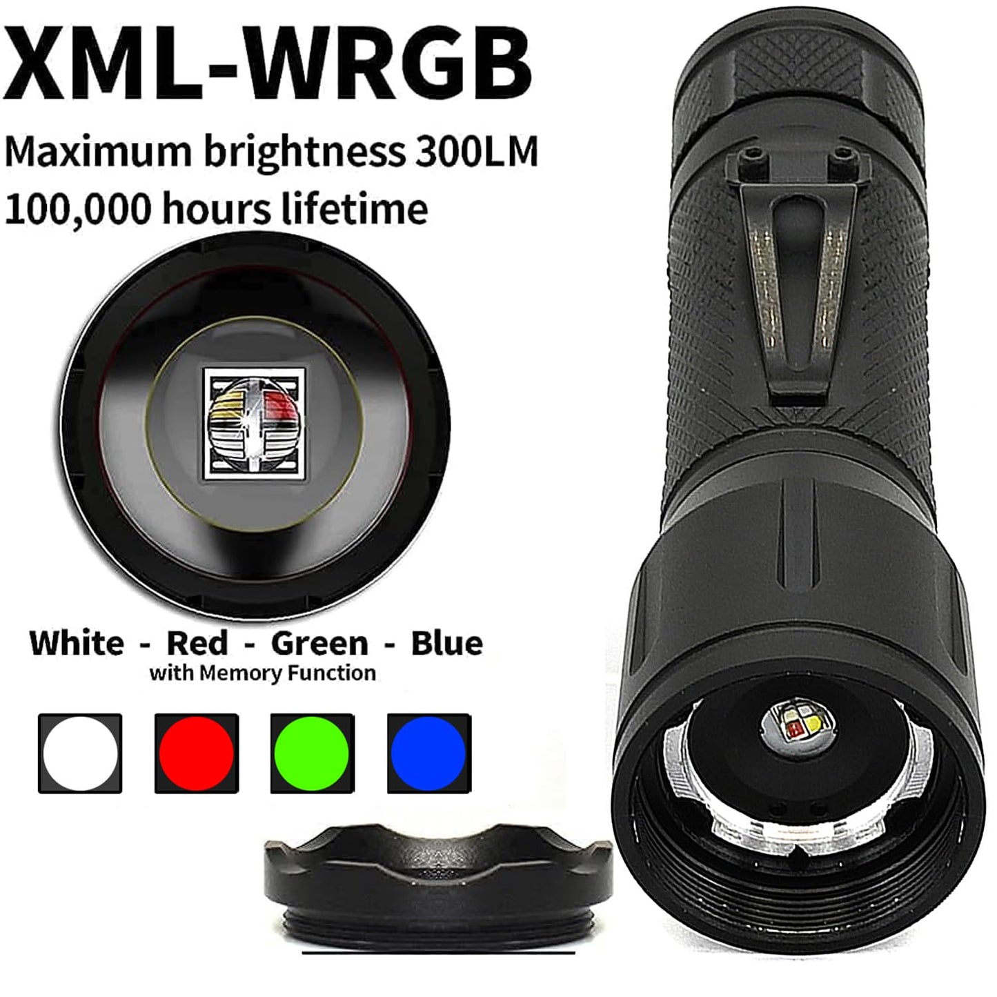 ACTIVEFIRE 4 in 1 Tactical Flashlight, RGB Zoomable Waterproof Torch, Model X32, Black