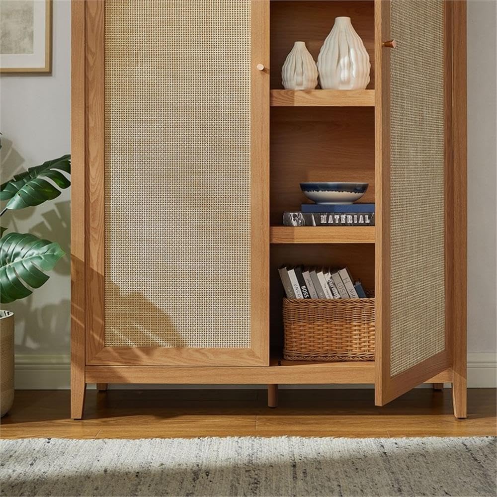 MAKLAINE 79" Tall Wide Arched Storage Cabinet, Synthetic Rattan Doors, Natural Wood Grain Finish, 2 Adjustable Shelves, Soft-Close Hinges, Durable Linen Cabinet for Office, Hallway, or Living Room