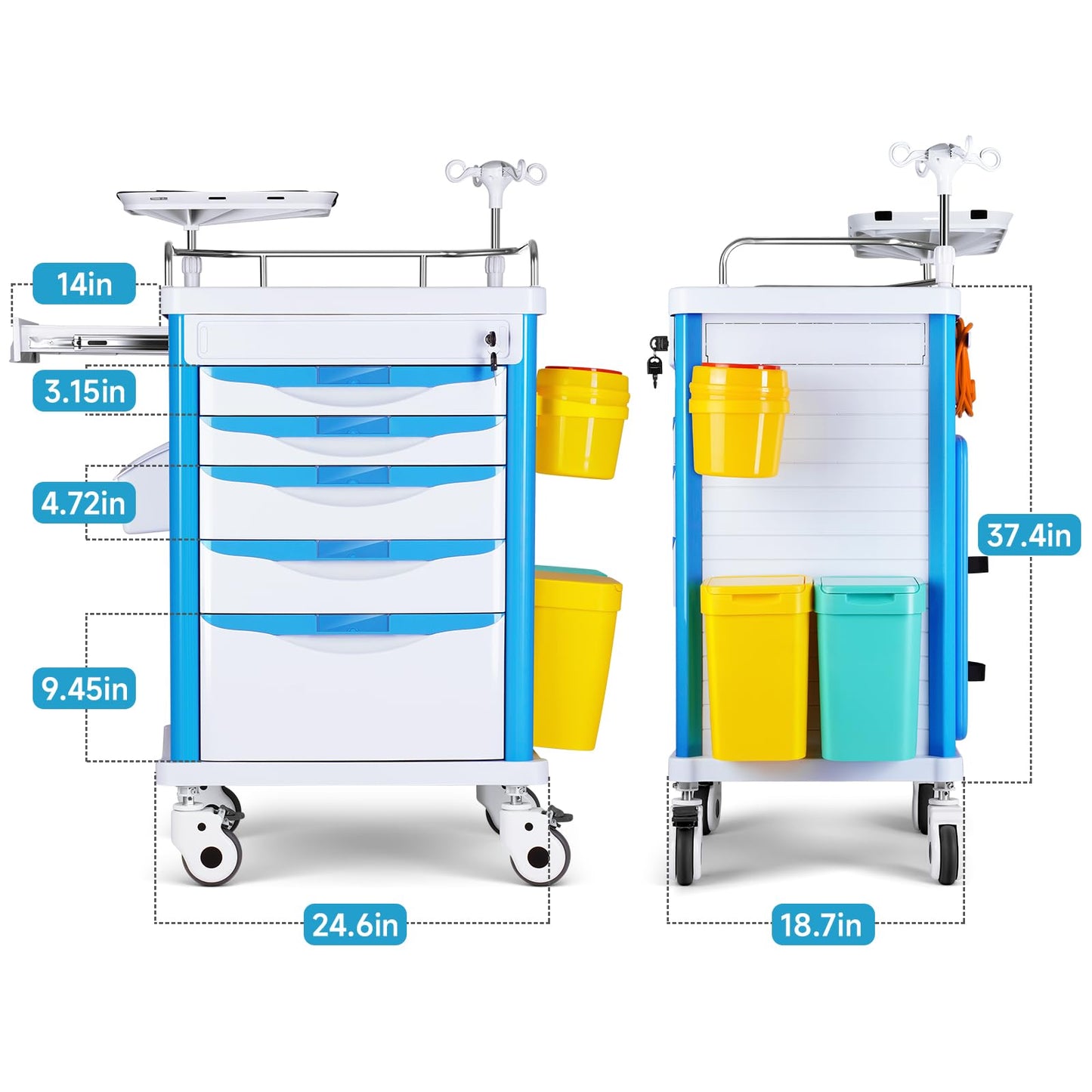 Deerplanet Crash Cart Medical ABS Material, Medical Cart with Drawers, Adjustable IV Pole, Silent Casters, Trash Bins, O2 Holder, Needle Disposal Holder, CPR Board, Nursing Cart for Hospital Clinic
