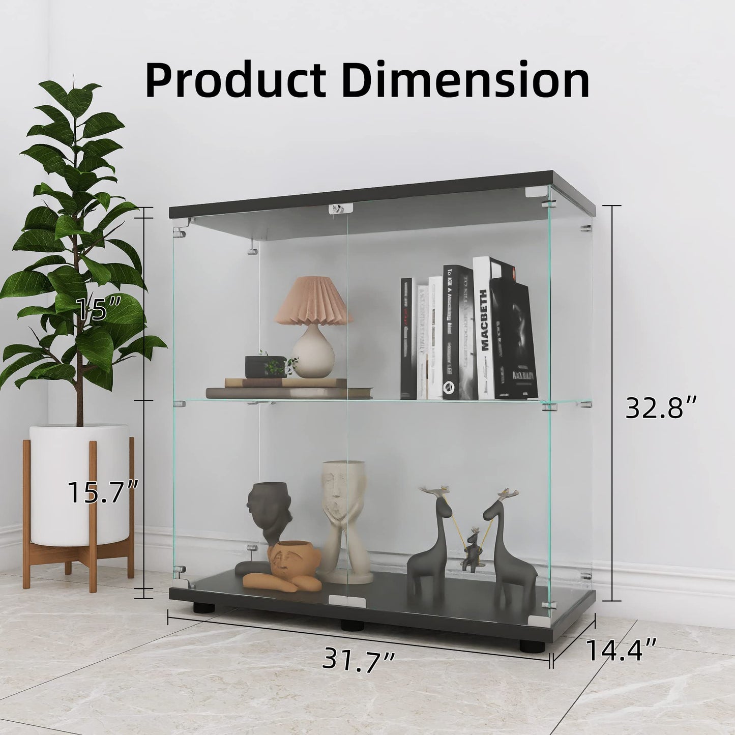 LFT HUIMEI2Y Glass Display Cabinet 2-Shelf with Double Door, Curio Cabinets Fast Installation in 30 Mins, Tempered Glass Floor Standing Bookshelf for Bedroom, Living Room 32.8”x 31.7”x 14.4” Black