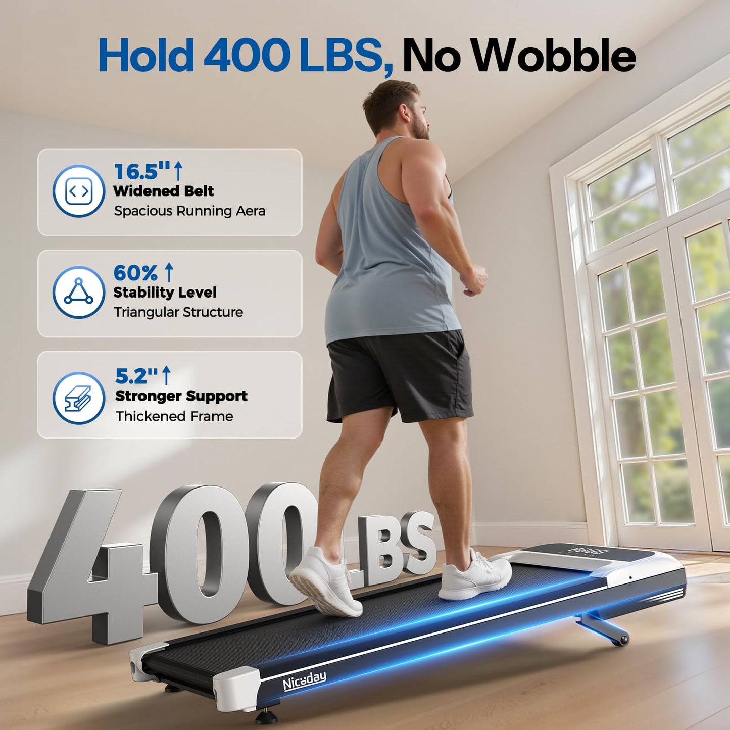 Niceday Walking Pad Treadmill with 10% Auto Incline, 400lbs Capacity, Under Desk Treadmill for Home Office, 3HP Super Quiet, Magnetic Remote & Preset Goal, White