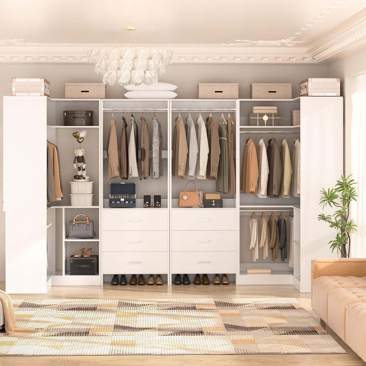 Aheaplus Closet System with 6 Drawers, 6 Hanging Rods & Corner Tower, Corner Closet System with Hanging, 112.5" U-Shaped Walk-In Wardrobe Organizer, 2000+ lbs Capacity, Set of 4, -U4, White