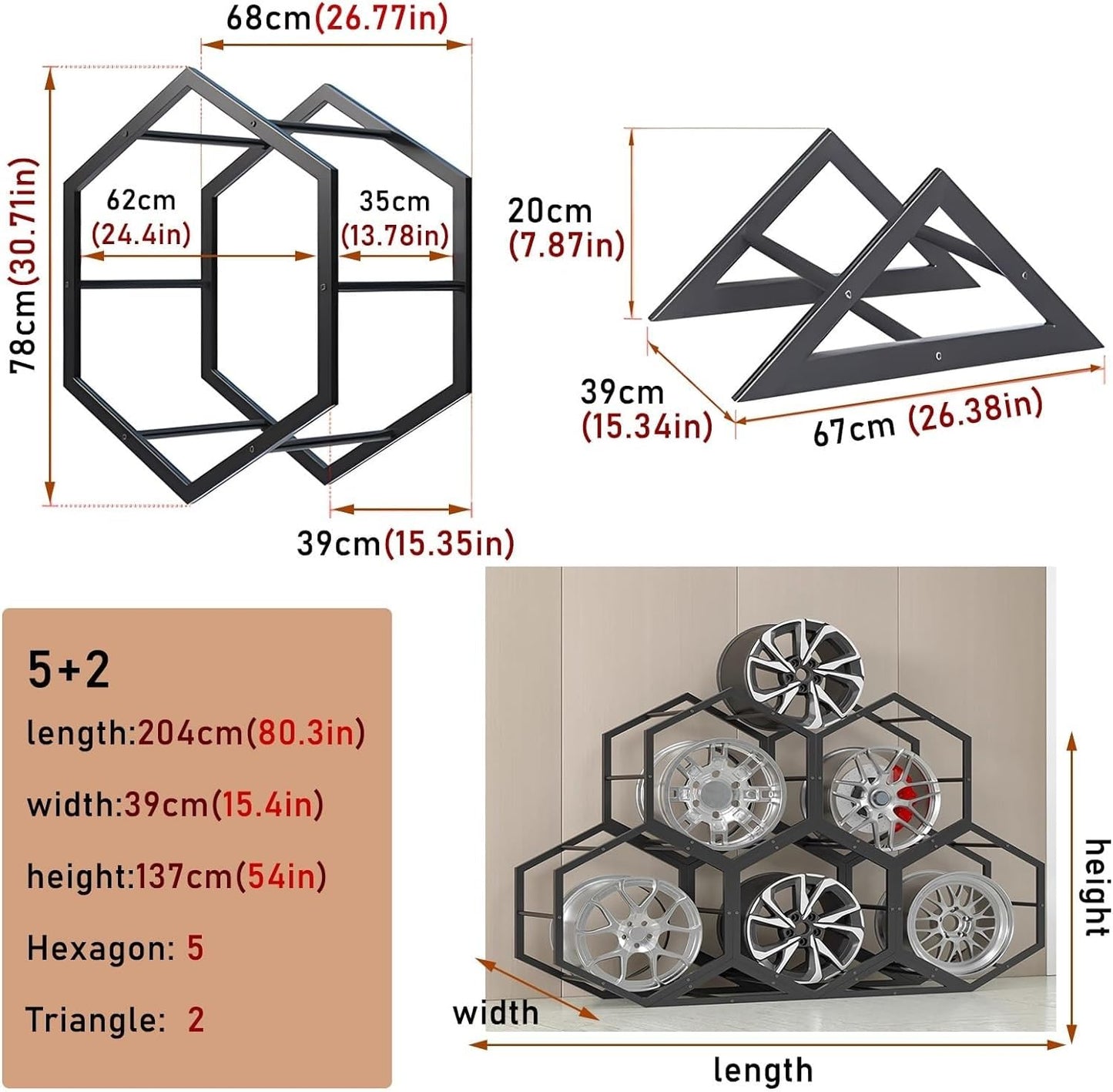 Aimery Rims Tire Rack for Garage, Hexagon Display Rack, Steel Spare Tyre Organizer, Wheel Organizer Holder(D)