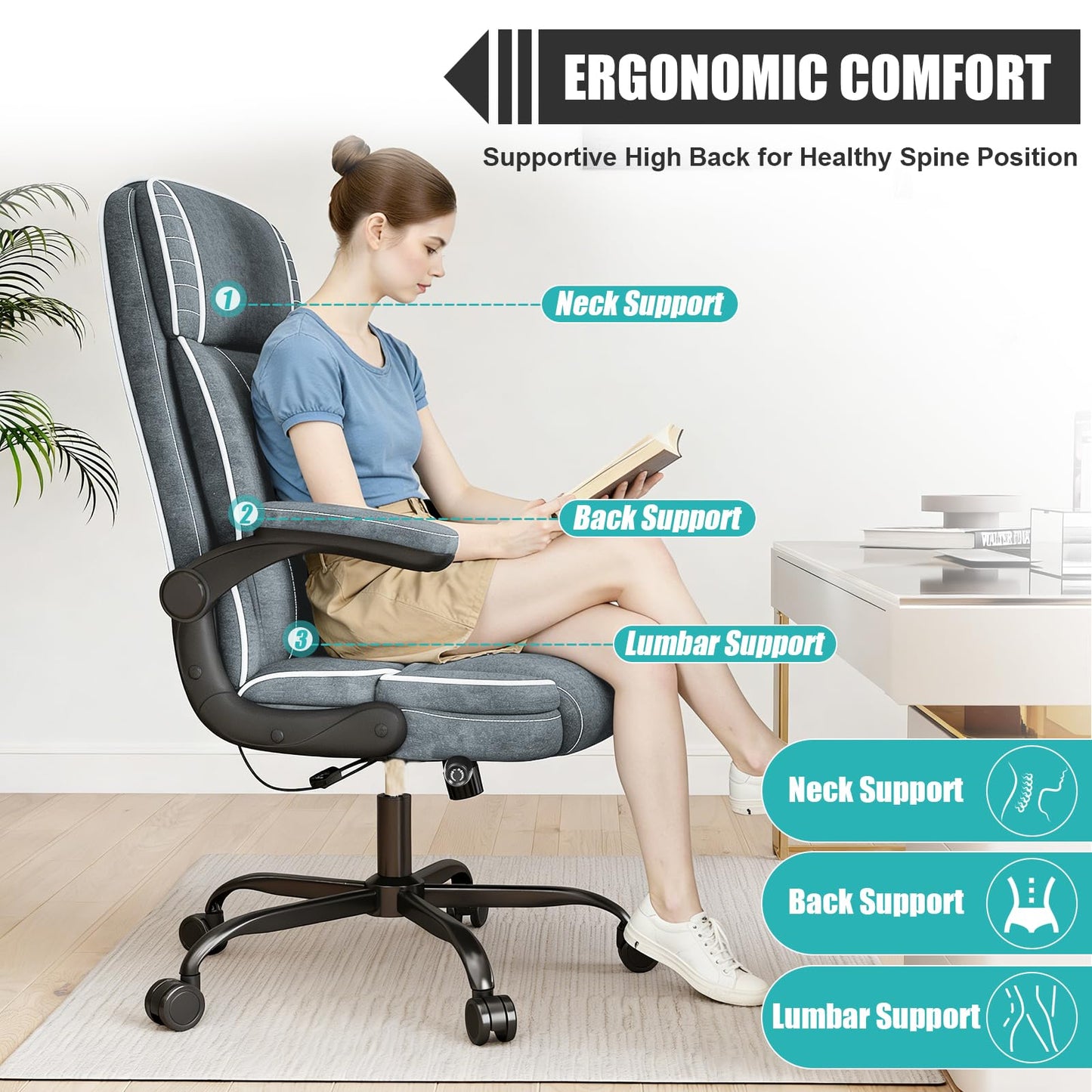 Big and Tall Office Chair with Adjustable Lumbar Support,Breathable Fabric High Back Desk Computer Chair with Adjustable Flip-up Armrests,Ergonomic Swivel PC Chair with Rocking Function