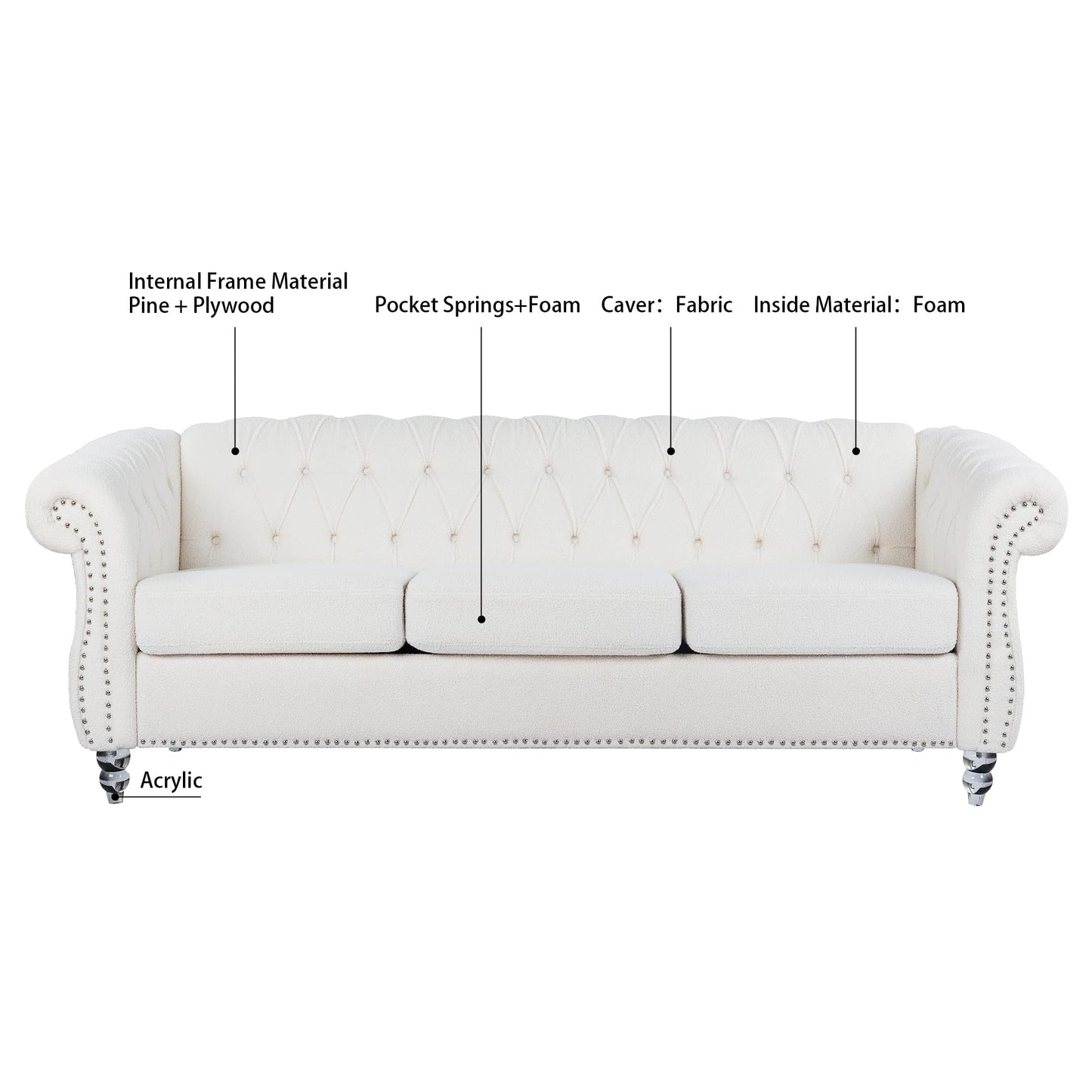 Ball & Cast 84" Chesterfield Sofa with Channel Tufted Seat Back,Classic 3 Seater Couch Removable Square Arm Nailhead Trim and Upholstered,Mid Centuryfor Living Room,Bedroom,Office,White Polyester