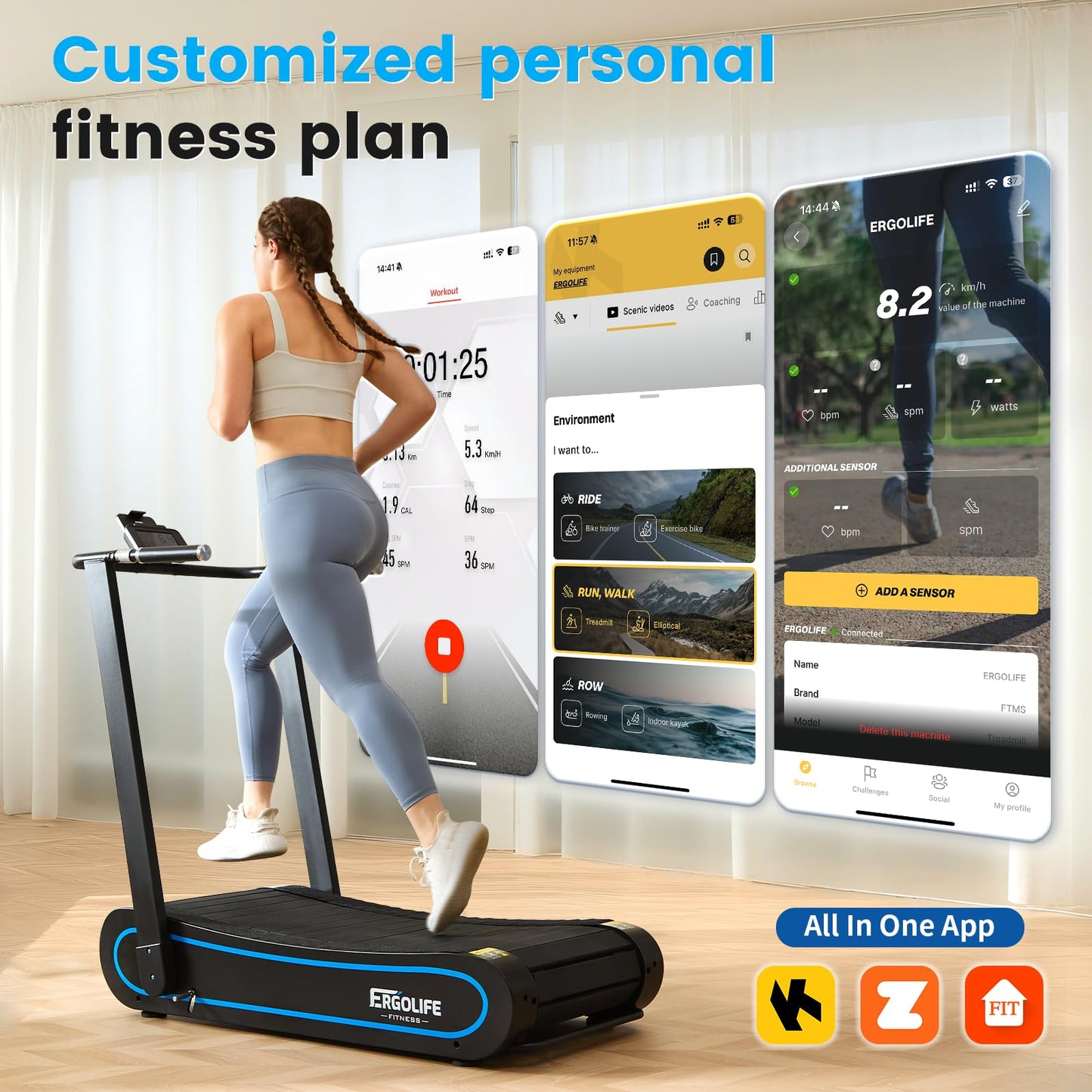 ERGOLIFE Curved Treadmill with Non-Electric Motorized, 2-in-1 Folding Treadmill with APP for Home Workout, Compact Manual Walking Pad, Office Running Machine with LCD Display