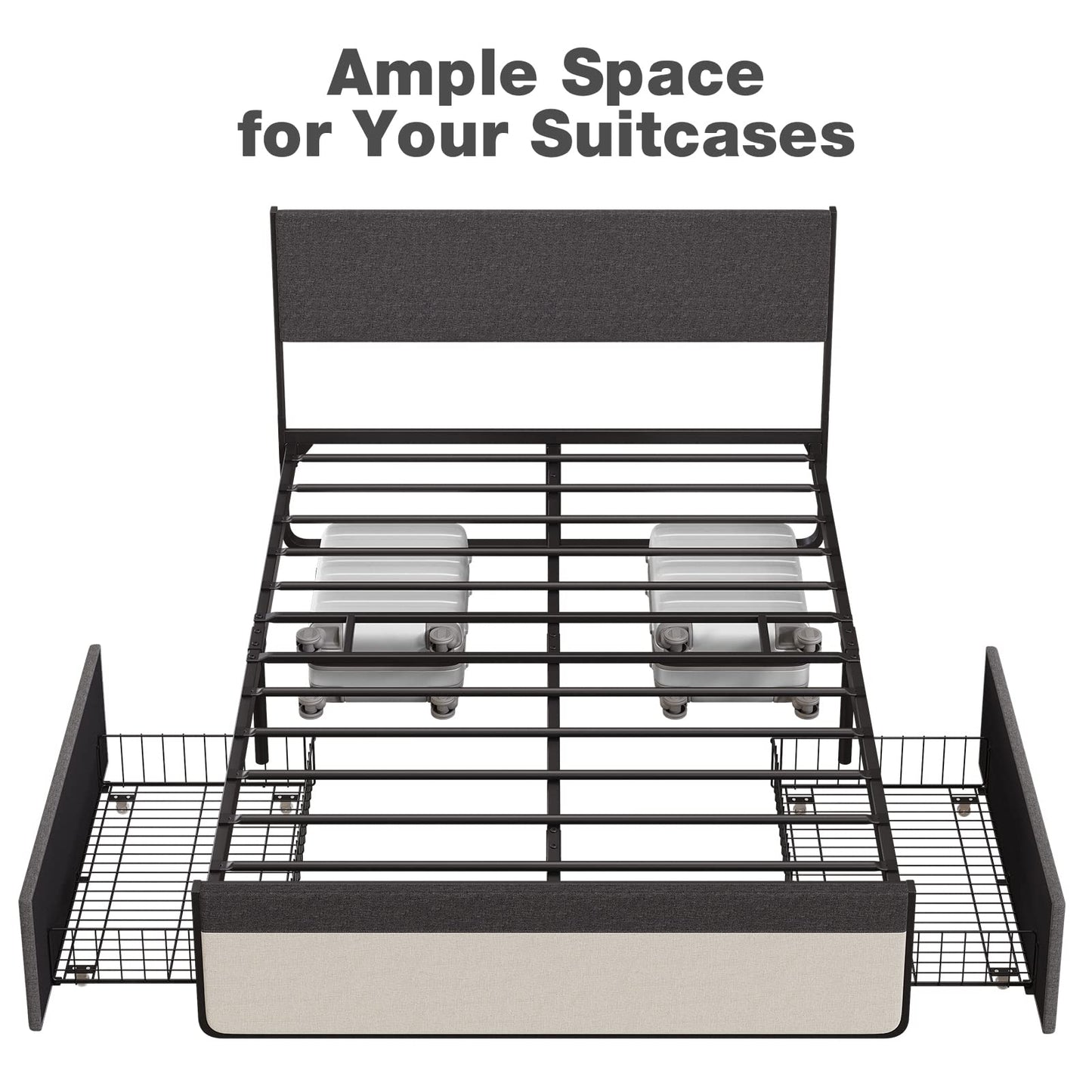 IDEALHOUSE Queen Size Bed Frame with 2 Storage Drawers, Upholstered Platform Queen Bed Frame with Headboard and Footboard, Queen Bed Mattress Foundation with Steel Slats Support, No Box Spring Needed
