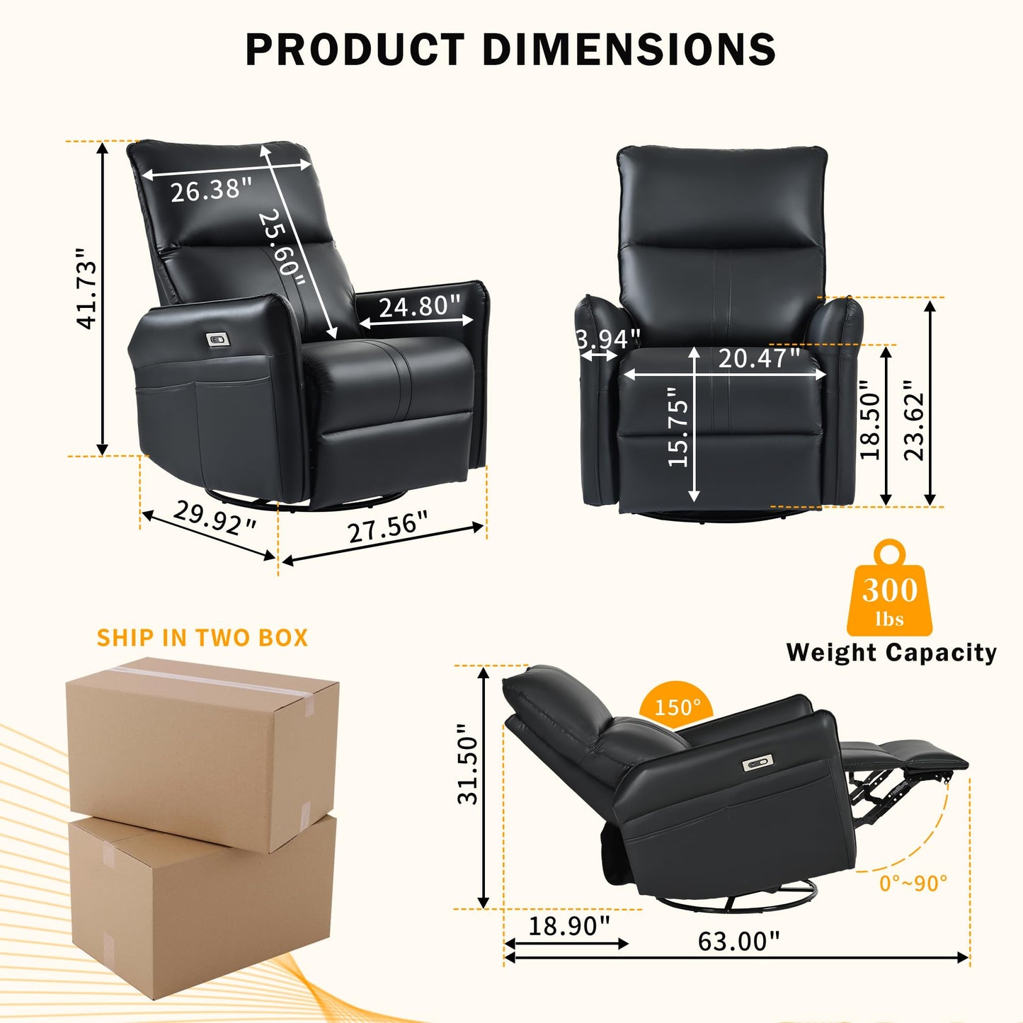 KEIKI 270 Degree Power Swivel PU Leather Power Recliner Chair, Nursery Recliners, Home Theater Recliner Chair, Electric Glider Reclining Sofa with USB Ports, Black