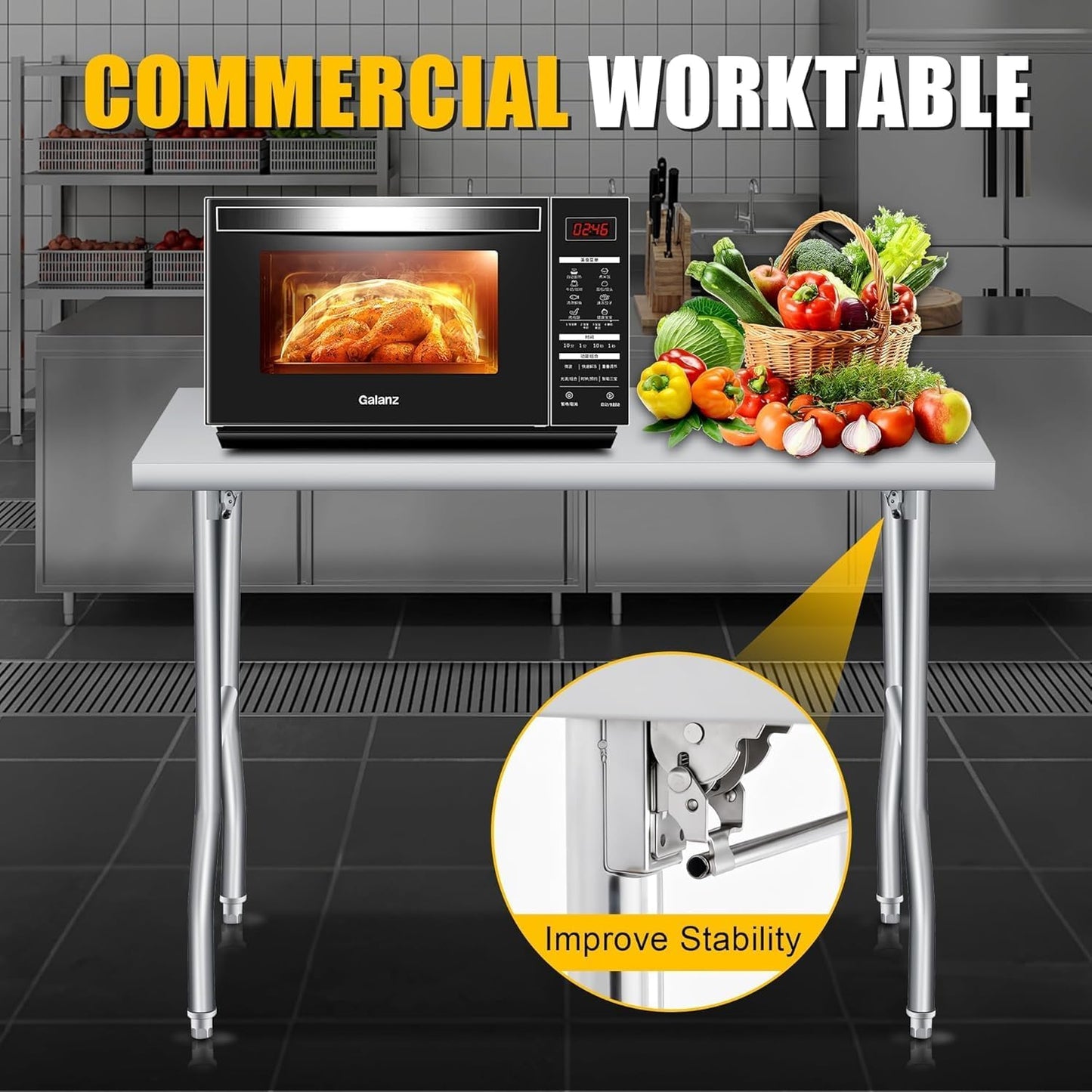 GlowSol Folding Stainless Steel Table 48 x 30 Inch, Heavy Duty Metal Foldable Prep/Work Table, 1100 LB Load Capacity, No Assembly, Portable Workbench for Kitchen, Laundry, Restaurant, Camping, Garage