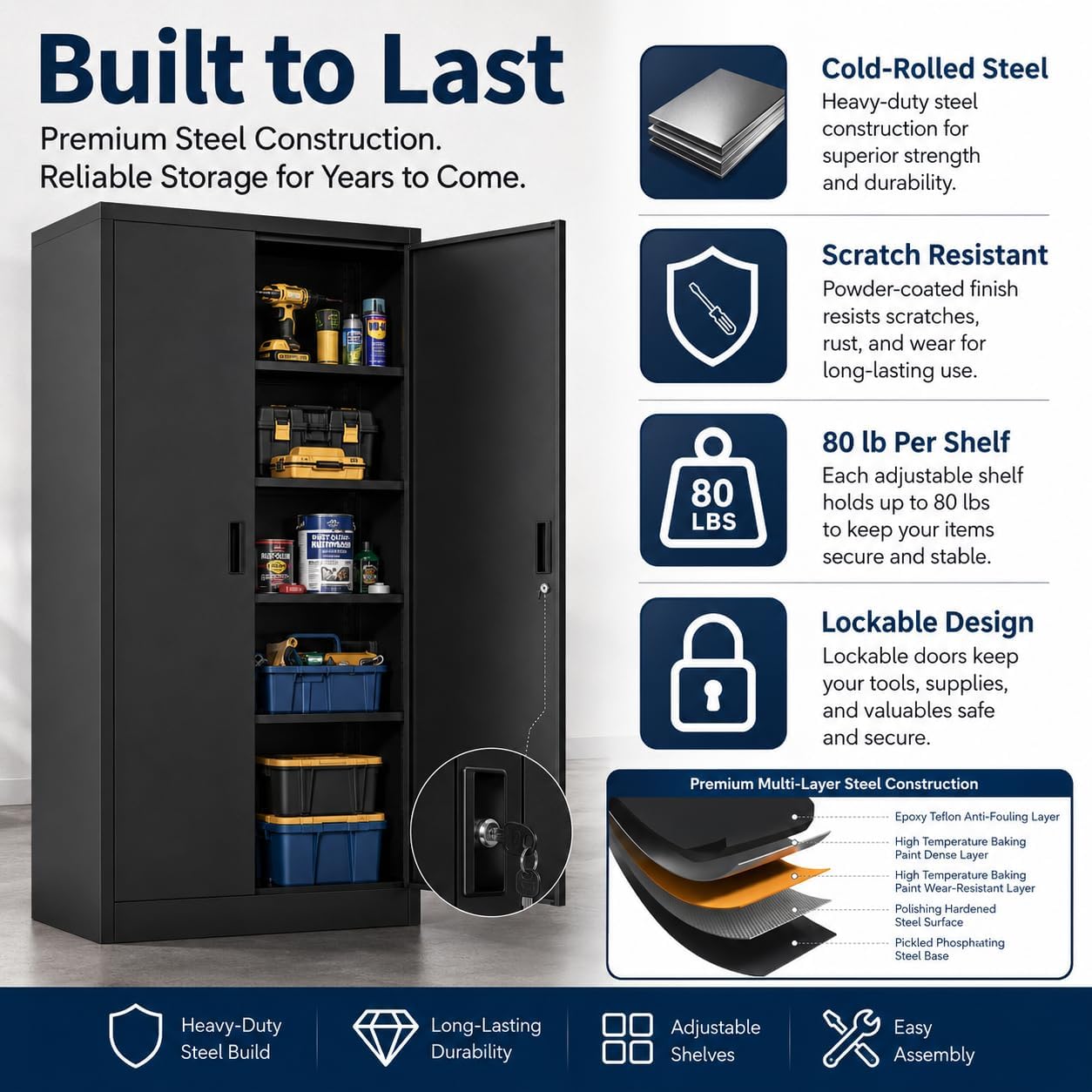 GarveeHome 71in Heavy-Duty Locking Steel Storage Cabinet, Double Doors, Four Adjustable Shelves, for Garage Pantry Office Workshop, Black