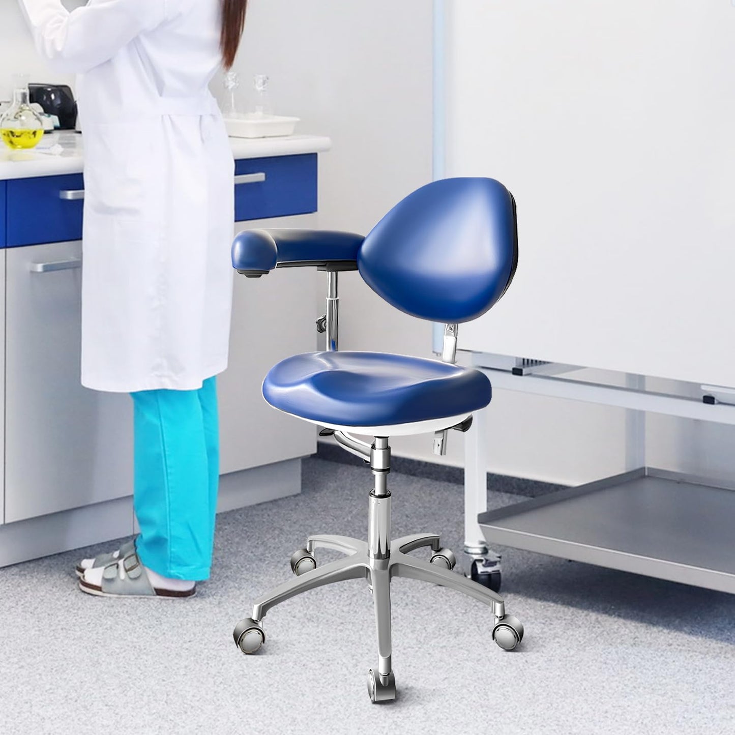 Dental Assistant Chair PU Leather with Swivel Armrests, Rolling Dental Chair, Ergonomic Swivel Dentist's Stool with Backrest for Clinics, Tattoo, Home and Laboratory - Blue