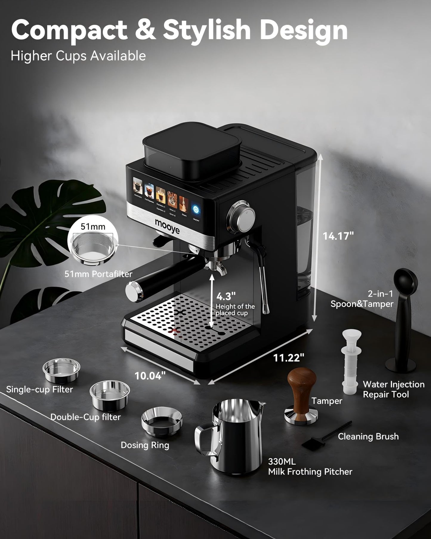 Mooye Espresso Machine with Grinder,20Bar Compact Espresso Maker with Steam Milk Frother,Coffee Maker for Home - Cappuccino Latte & Cold Brew Iced Coffee Maker & Americano, Gift for Women or Men