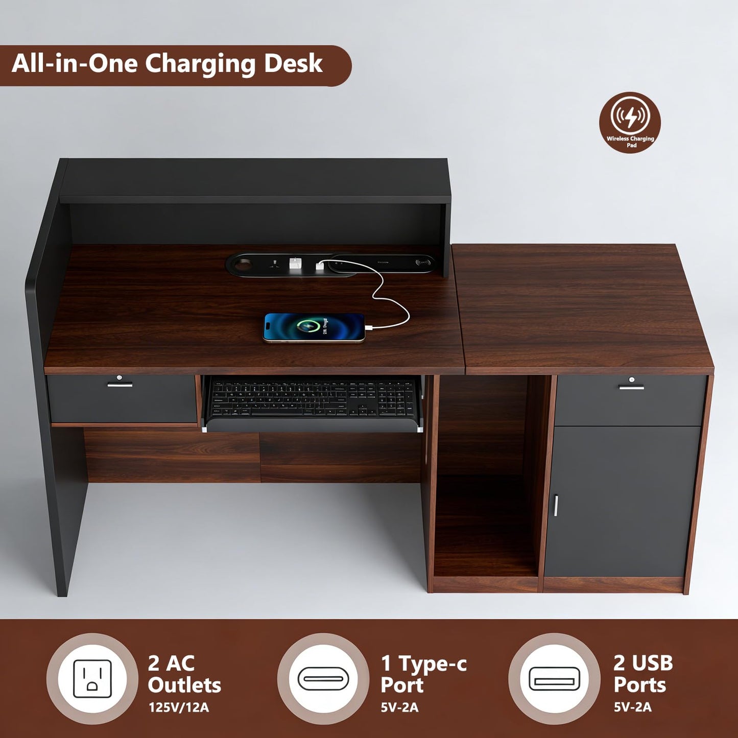 L-Shaped Reception Desk with Counter & Wireless Charging, 1-Inch Thick Board, Lockable Drawers & Keyboard Tray, Heavy-Duty Front Desk for Office, Salon, Hotel & Clinic, Black & Walnut, 71 Inch