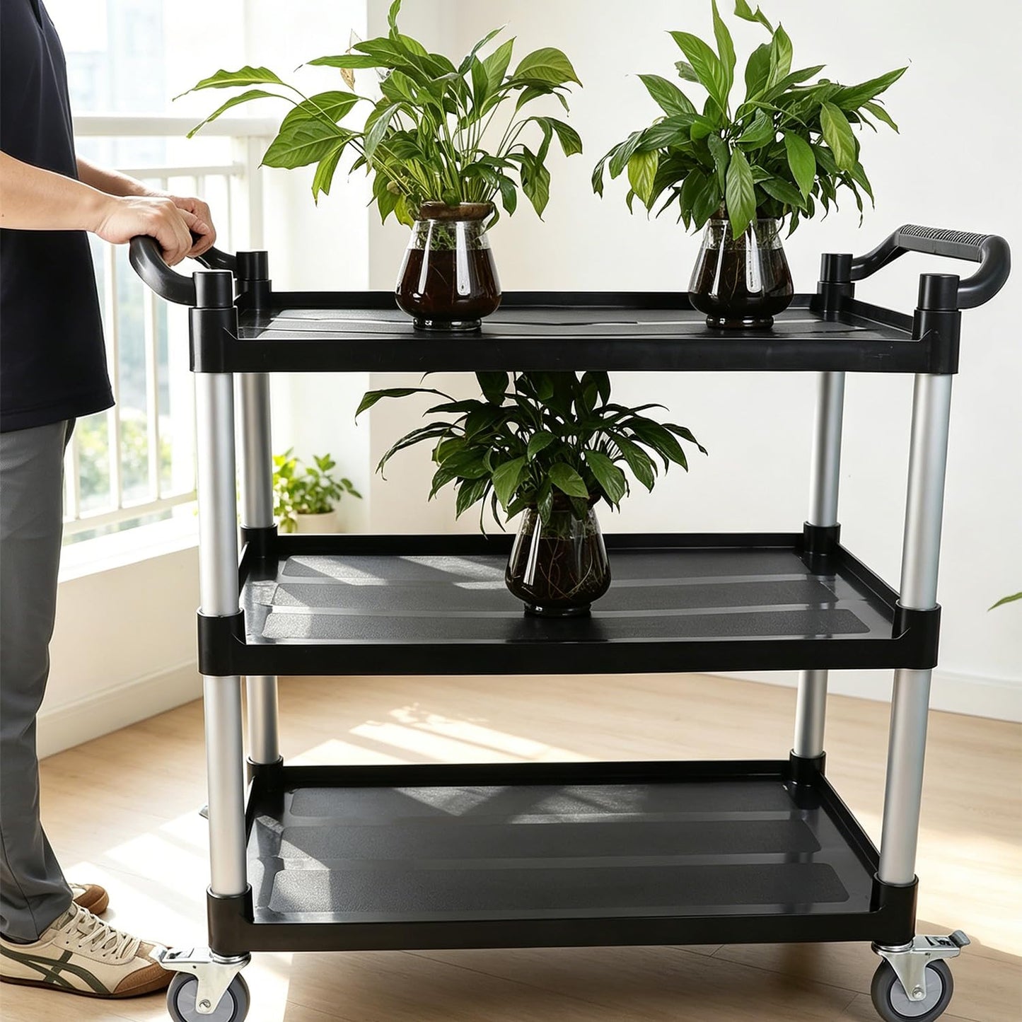 17Tek 3-Tier Rolling Utility Cart with 4 Lockable Wheels, Heavy Duty Plastic Service Cart with 540lbs Capacity, Commercial Service Cart on Wheels for Restaurant/Office/Warehouse/Kitchen/School, Black