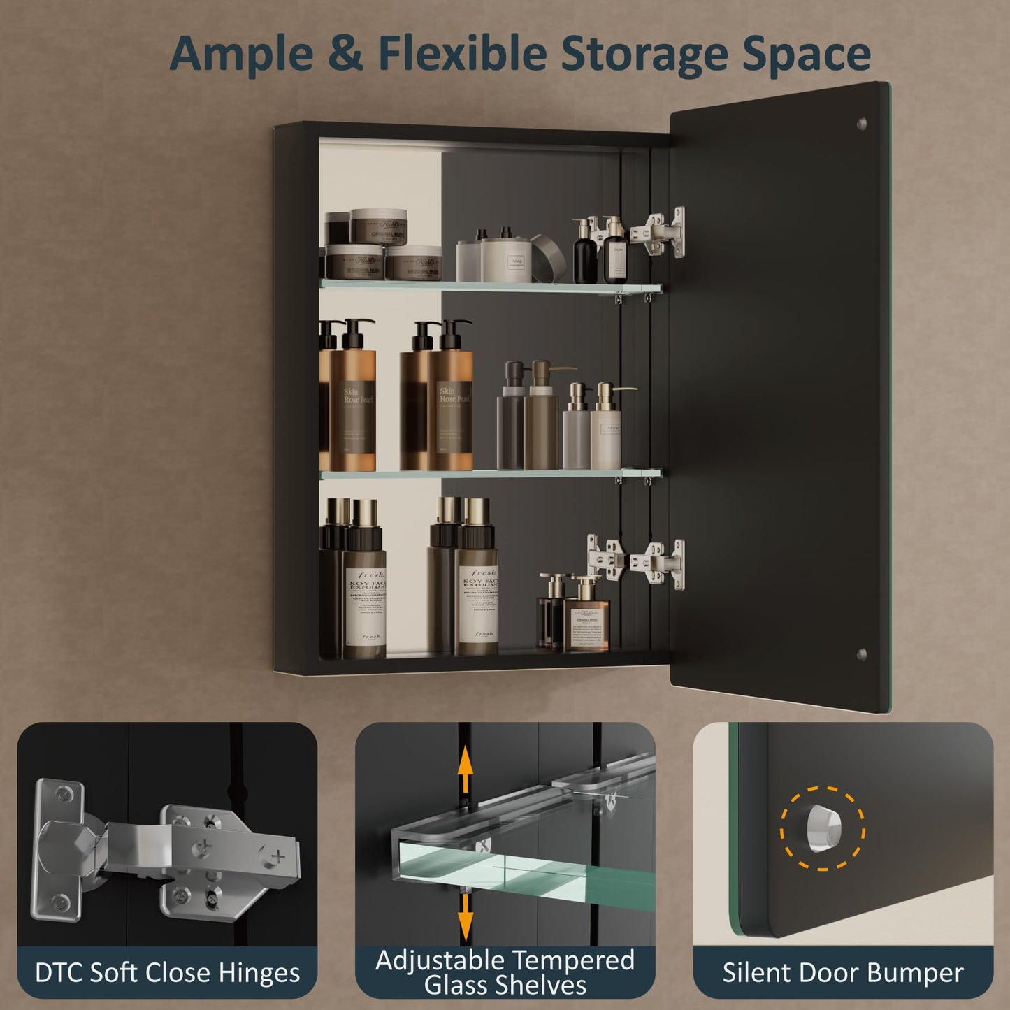 24x30 Inch Medicine Cabinet with Mirror, Recessed or Surface Mounted Bathroom Cabinets for Storage, 2 Fully Adjustable Tempered Glass Shelves, Soft-close DTC Hinges, HD Reflection Mirror Door, Black