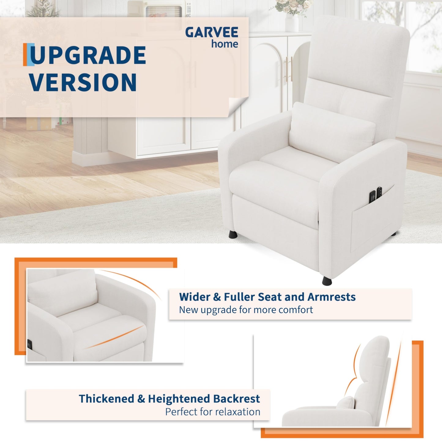 Power Recliner Chair, Adjustable Electric Reclining Chair for Adults, Overstuffed Tall Back Sofa with Padded Seat, 2 Side Pockets & USB Port, Home Theater Seating for Living Room - White