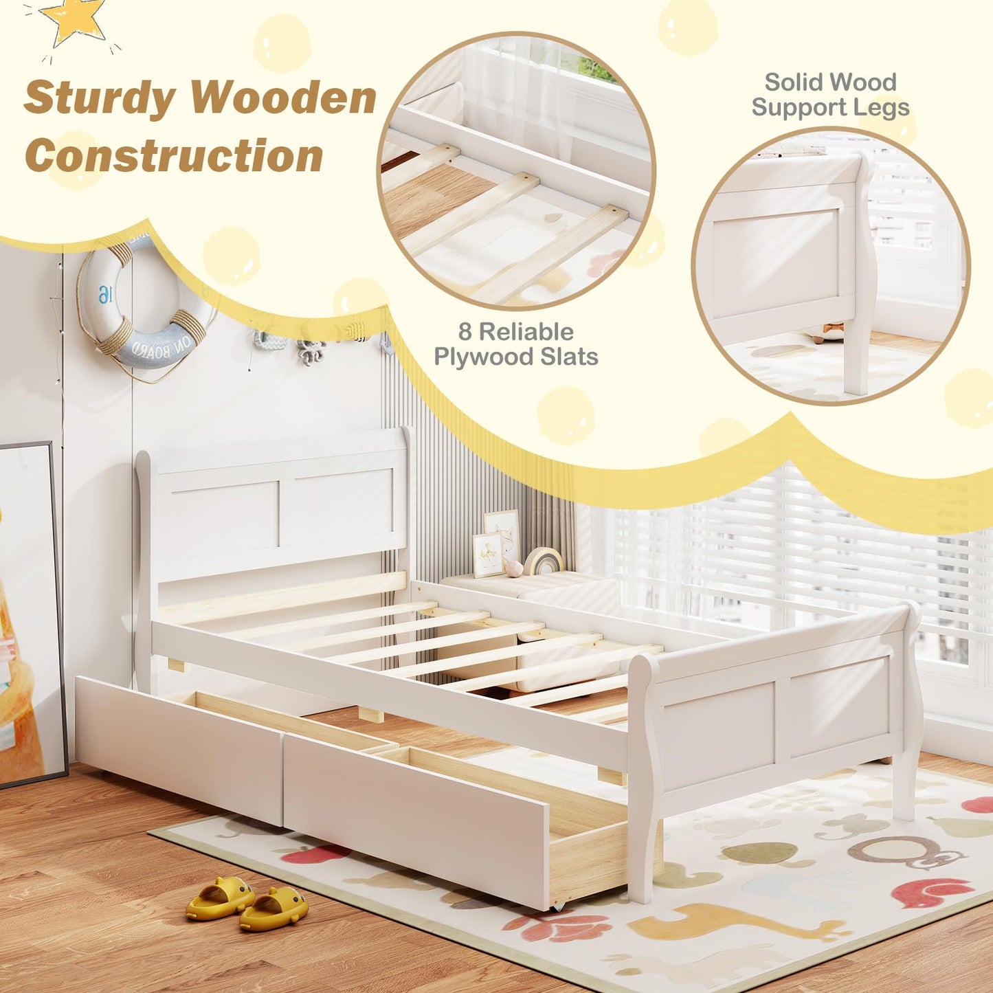Giantex Twin Bed with 2 Storage Drawers, Wood Platform Bed with Headboard & Footboard, Wooden Slats Support Mattress Foundation, Twin Bed Frames for Kids Teens Adults, No Box Spring Needed (White)