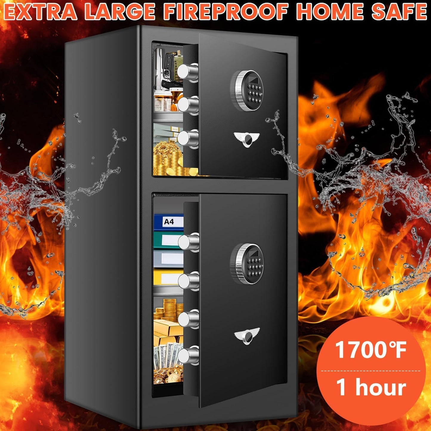 [𝟐𝟎𝟐𝟔 𝐍𝐞𝐰] 9.5 Cu Ft Extra Large Home Safe Fireproof Waterproof with [DOUBLE SAFES], Heavy Duty Digital Security Box with [Hidden Compartment], Fireproof Safe for Home Business Office USE