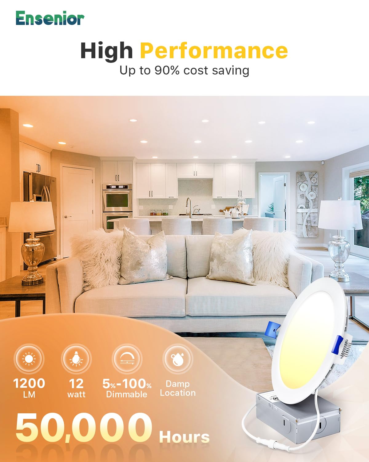 Ensenior 6 Inch Ultra-Thin LED Recessed Light, 12W Dimmable, 2700K-6000K Selectable, ETL Certified, Metal