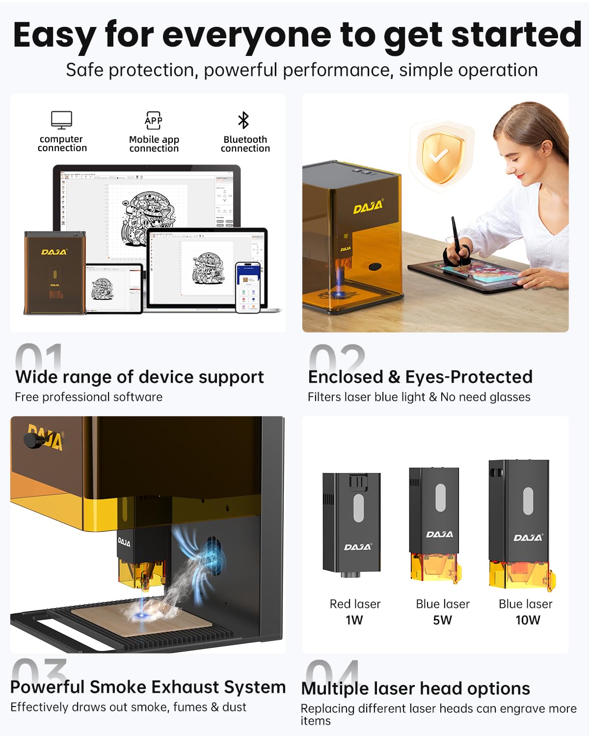 DAJA DJ6Pro Enclosed Laser Engraver Machine Desktop Laser Cutter with Rasiers support Lightburn for DIY beginner-friendly (5W)