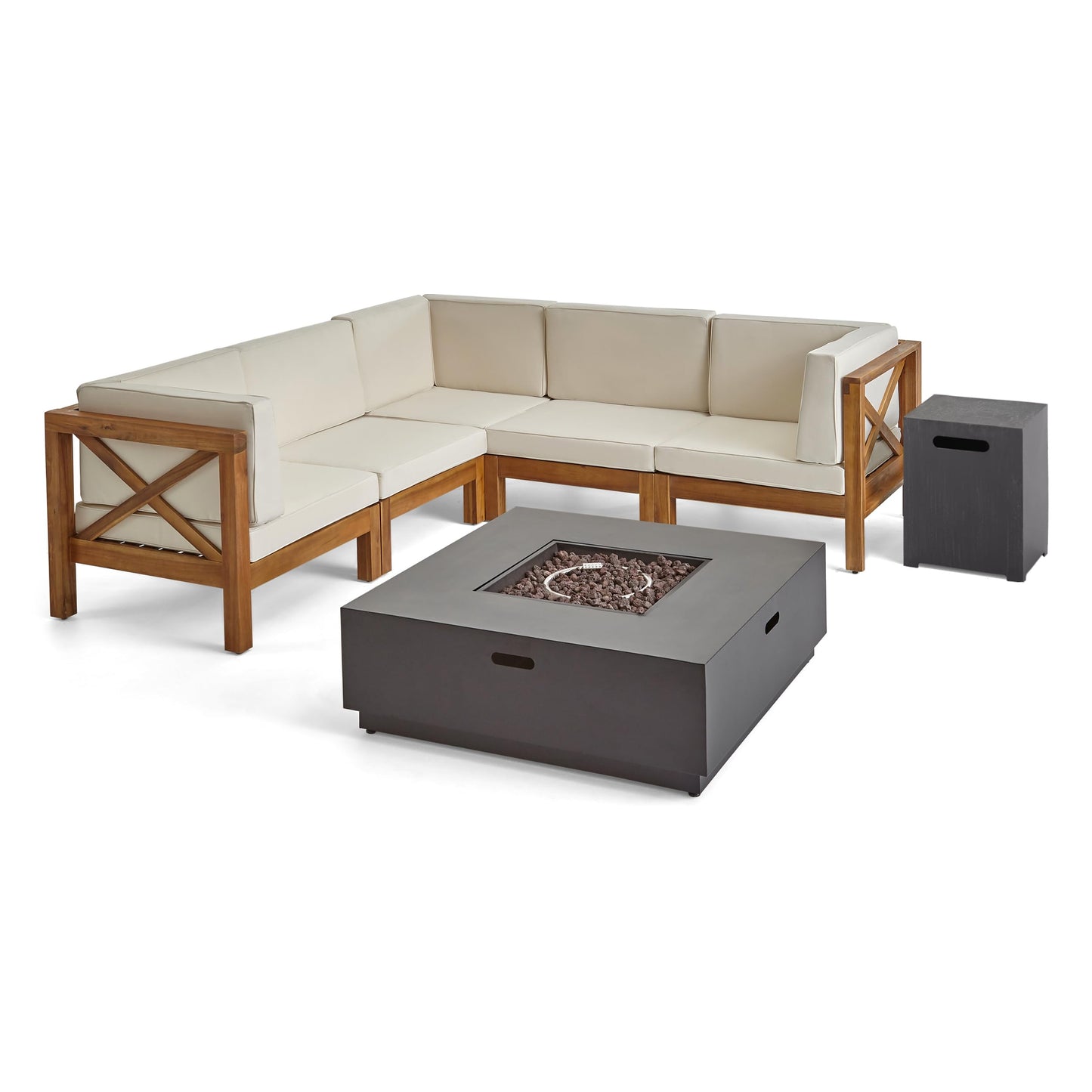 Christopher Knight Home Culatra Outdoor Acacia Wood 5 Seater Sectional Couches Sofa Patio Furniture Set with Fire Pit, 88.5 "W x 88.5 "D x 26.5 "H, Teak + Beige + Dark Gray