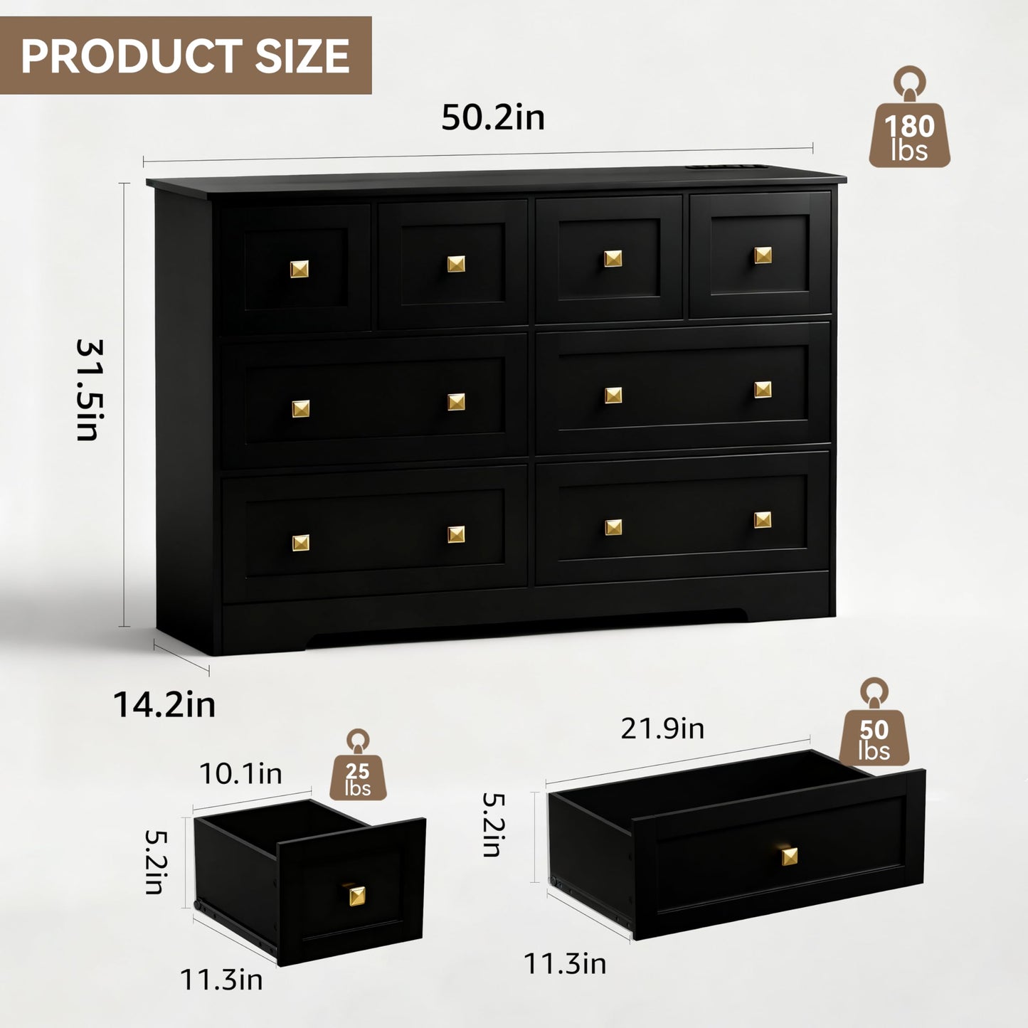 AXCIGOC 8 Drawer Dresser for Bedroom with Power Outlets Wide Chest of Drawers with Smooth Guide Rail Modern Wooden Dressers with Metal Handle Large Dresser Bedroom Living Room Hallway Closet Black