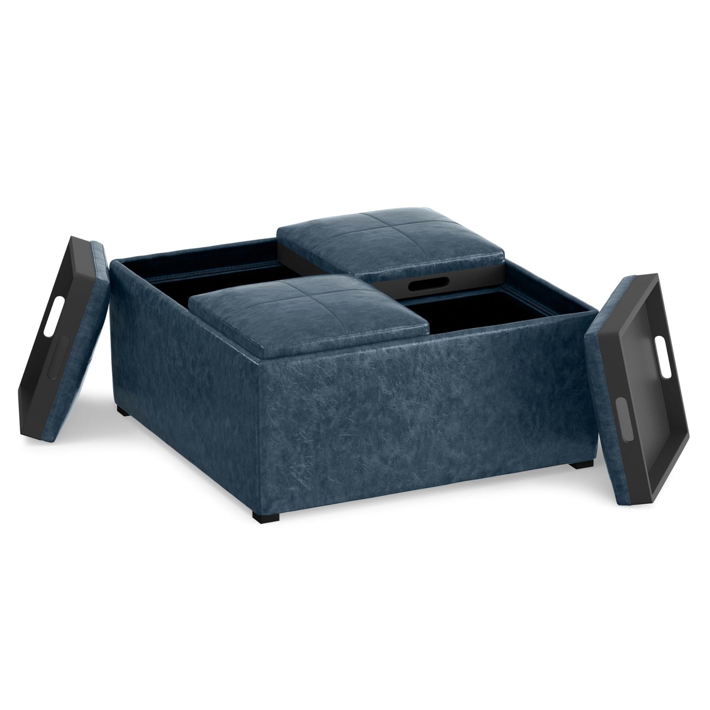 SIMPLIHOME Avalon 35 inch Wide Contemporary Square Coffee Table Storage Ottoman in Denim Blue Vegan Faux Leather, Assembled, For the Living Room and Bedroom