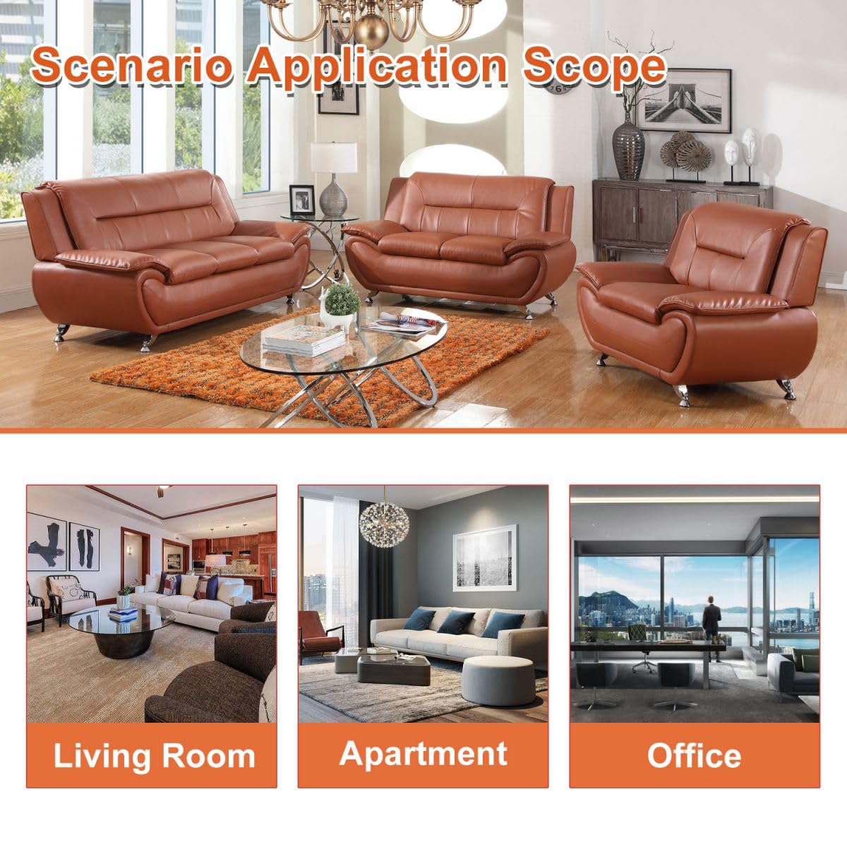 UOCFYK Lounge Comfy Faux Leather Sofa Modern Couch for Small Living Room/Dorm/Bedroom/Office/Apartment for Small Spaces, (Orange, Three-Person Seat)