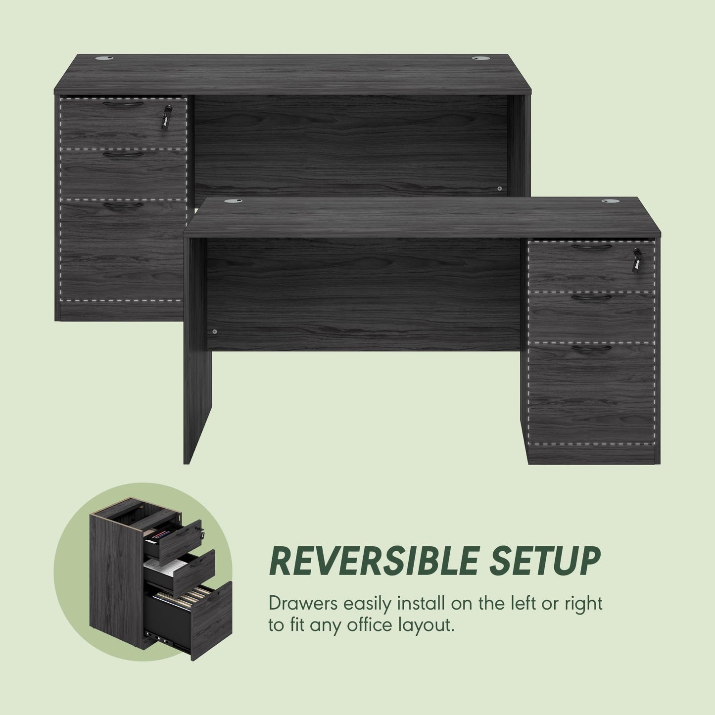 Furinno Roger 60 Inch Executive Desk with File Cabinet, Home Office Desk with 3-Drawer Fixed Pedestal Filing Cabinet, Desk Cord Grommet, for Home Office, Antique Grey