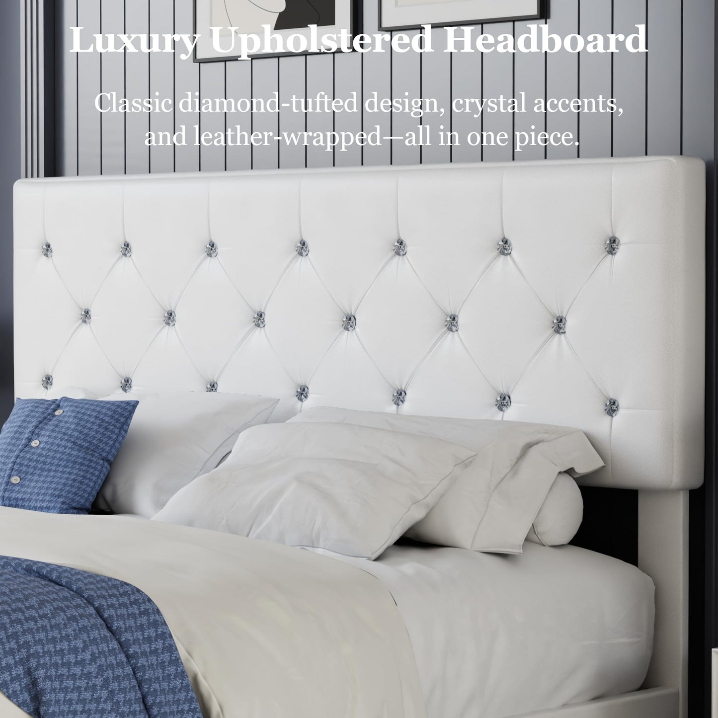 VECELO Full Size Bed Frame with 3 Storage Drawers, Leather Upholstered with Diamond Tufted Headboard, Solid Wood Slat Support & Steel Framework, PU & White