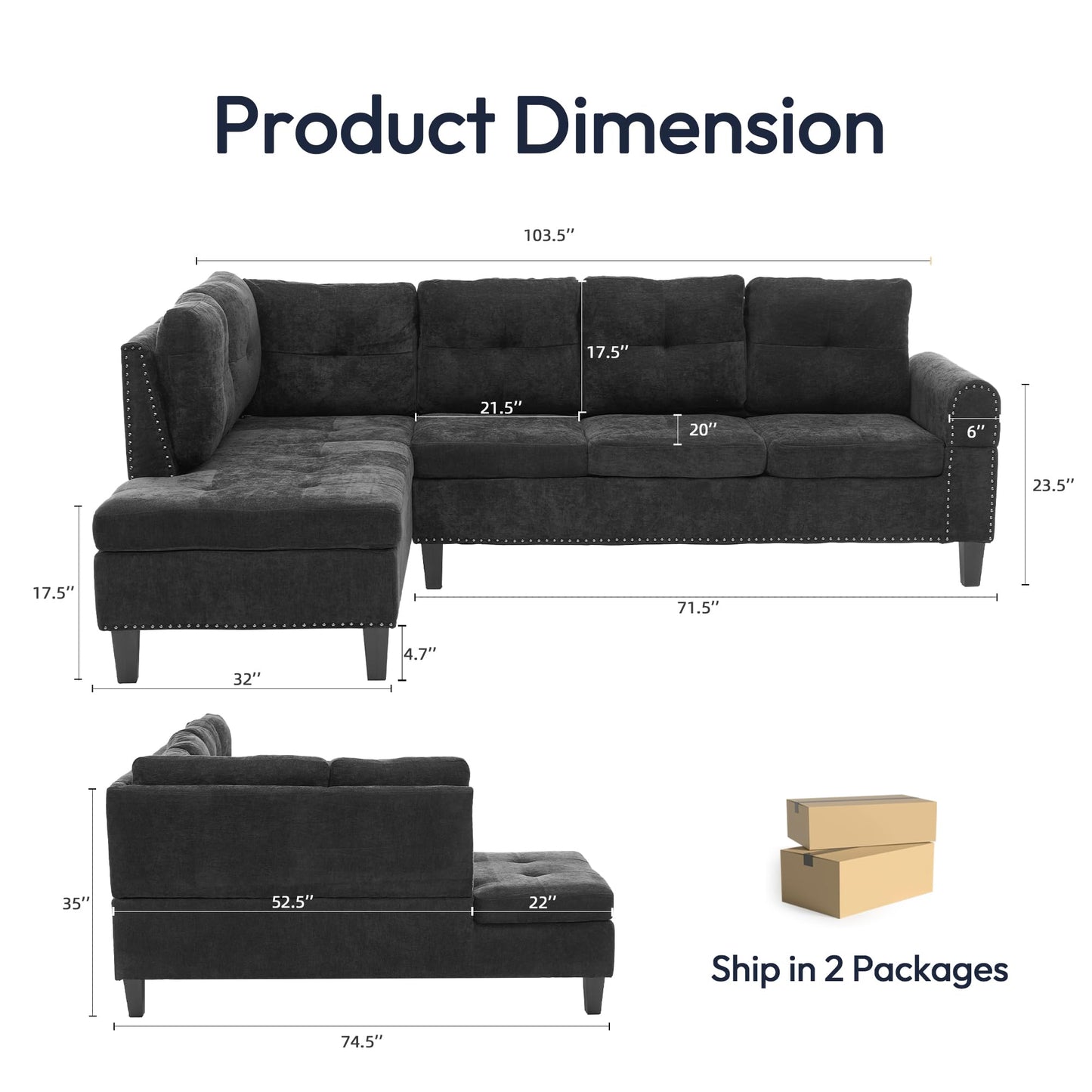 Trygoal Modular Sectional Sofa with Cup Holders, L Shaped Sectional Couch with Chaise and Adjustable Backrest, Modern Linen Fabric Couch for Living Room, Apartment, Small Space, Dark Gray