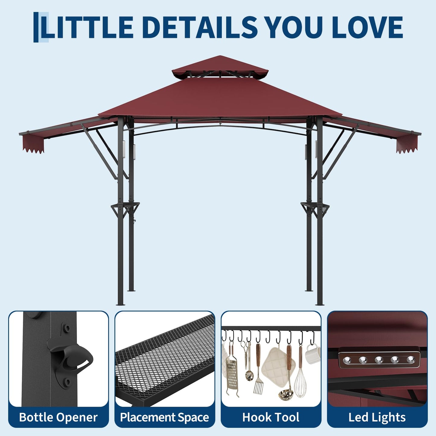 Garvee 8x5 Grill Gazebo Outdoor BBQ Canopy, Double Tier Patio Grill Shelter with Adjustable Dual Side Awnings, 2 Handy Shelves, Hooks & Ceiling Light Hook, Heavy Duty Steel Frame for Backyard-Claret
