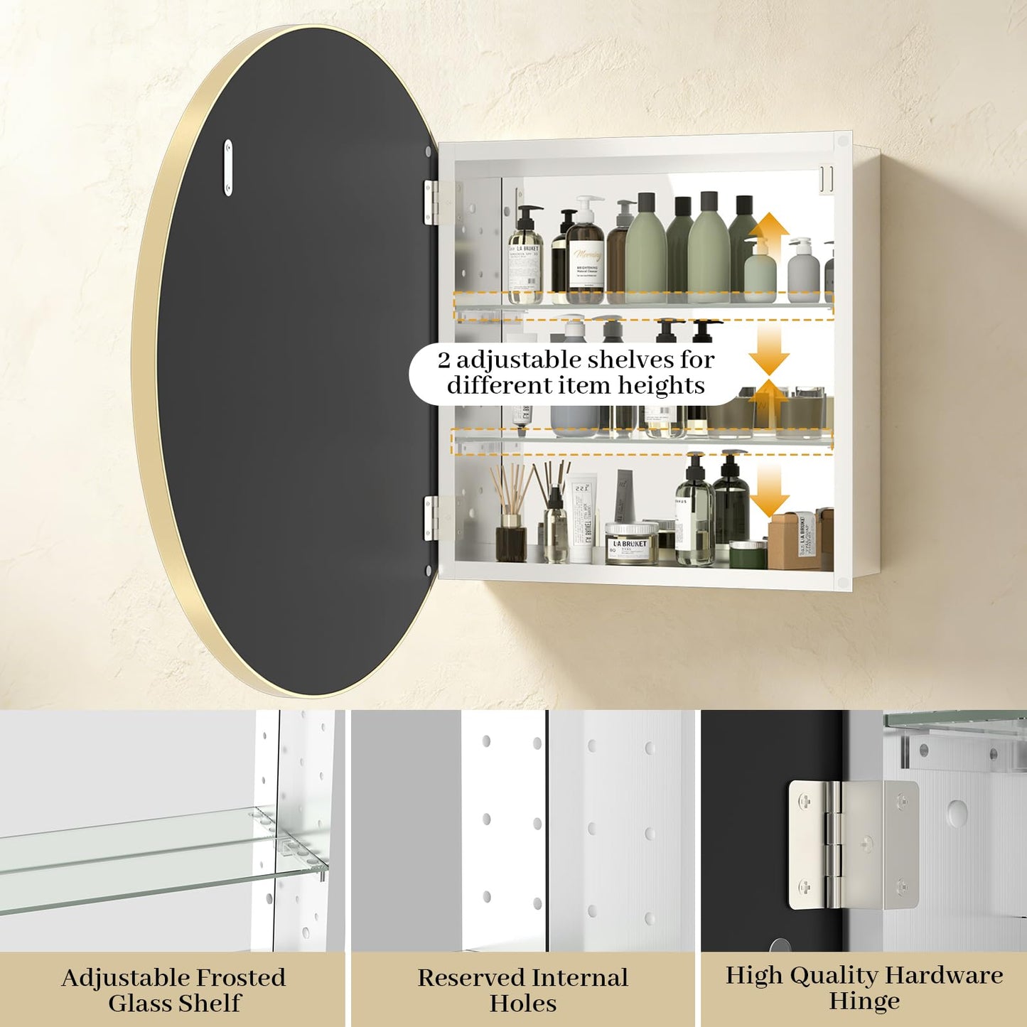 WallBeyond Bathroom Medicine Cabinet with Mirror, 28 Inch Gold Round Mirror Medicine Mabinet Wall Mounted with Aluminum Alloy Metal Framed, Surface Mount Medicine Cabinet with Storage